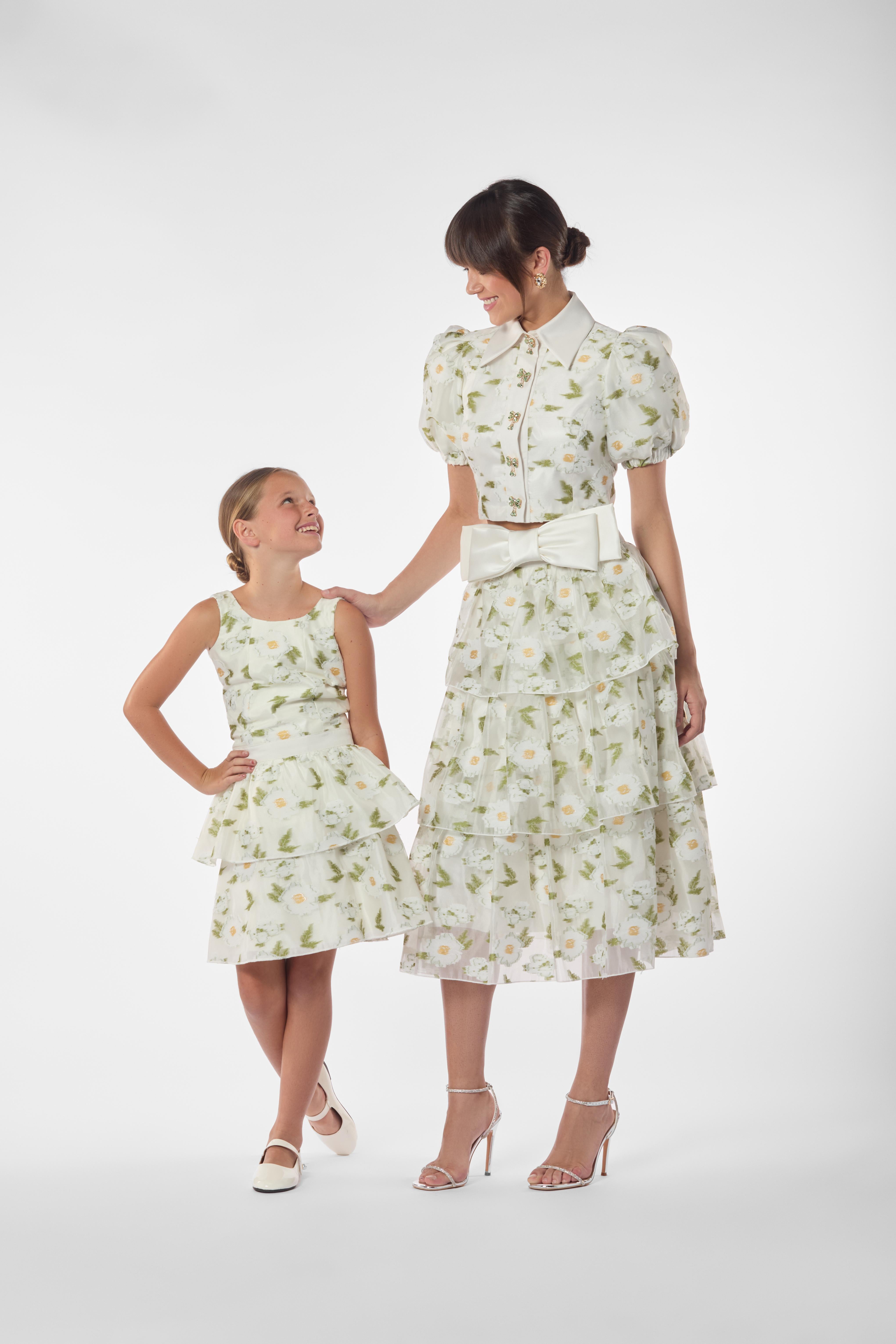 Embroidered Daisy Layered Midi Skirt