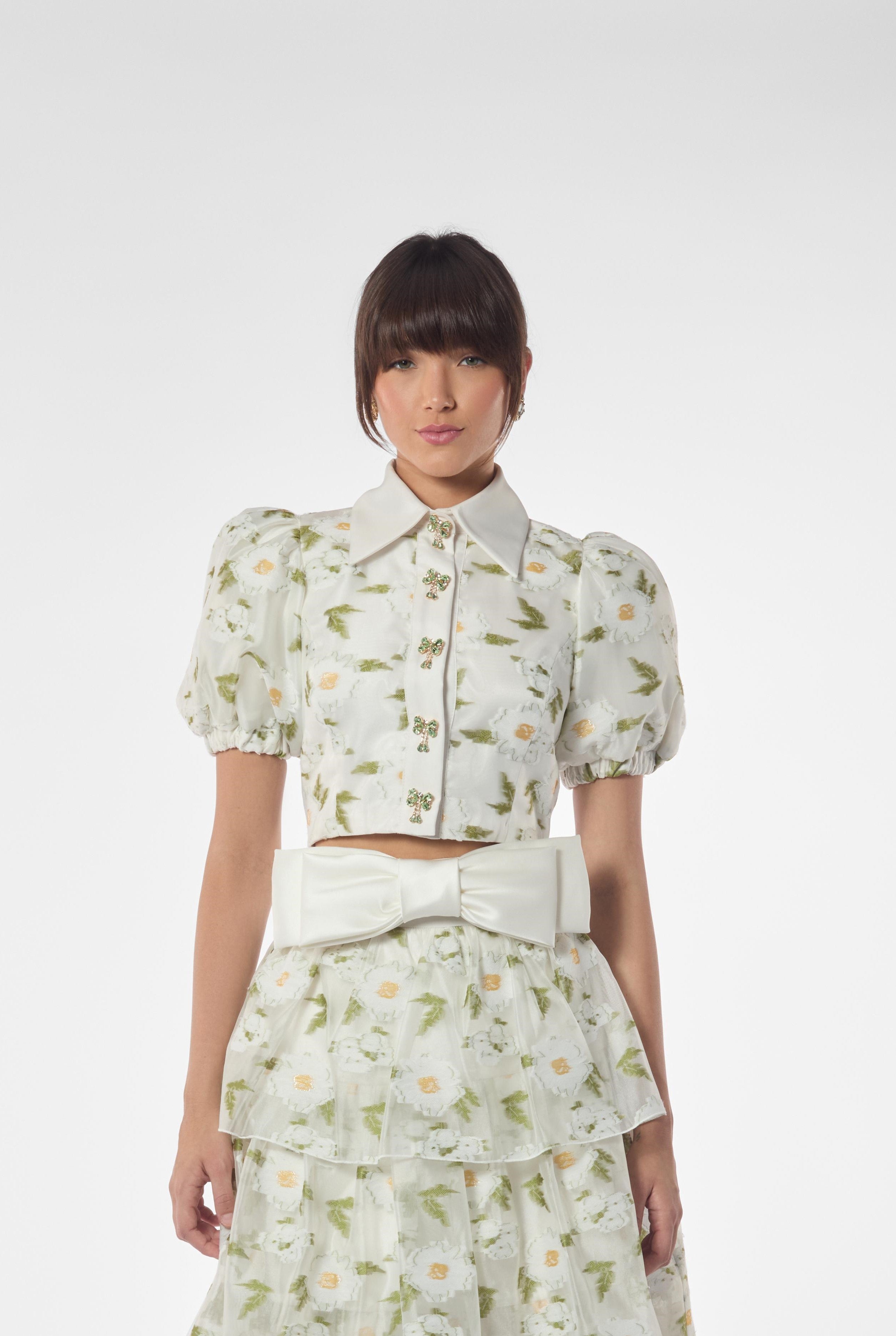 Embroidered Daisy Collared Puffy Sleeves Top