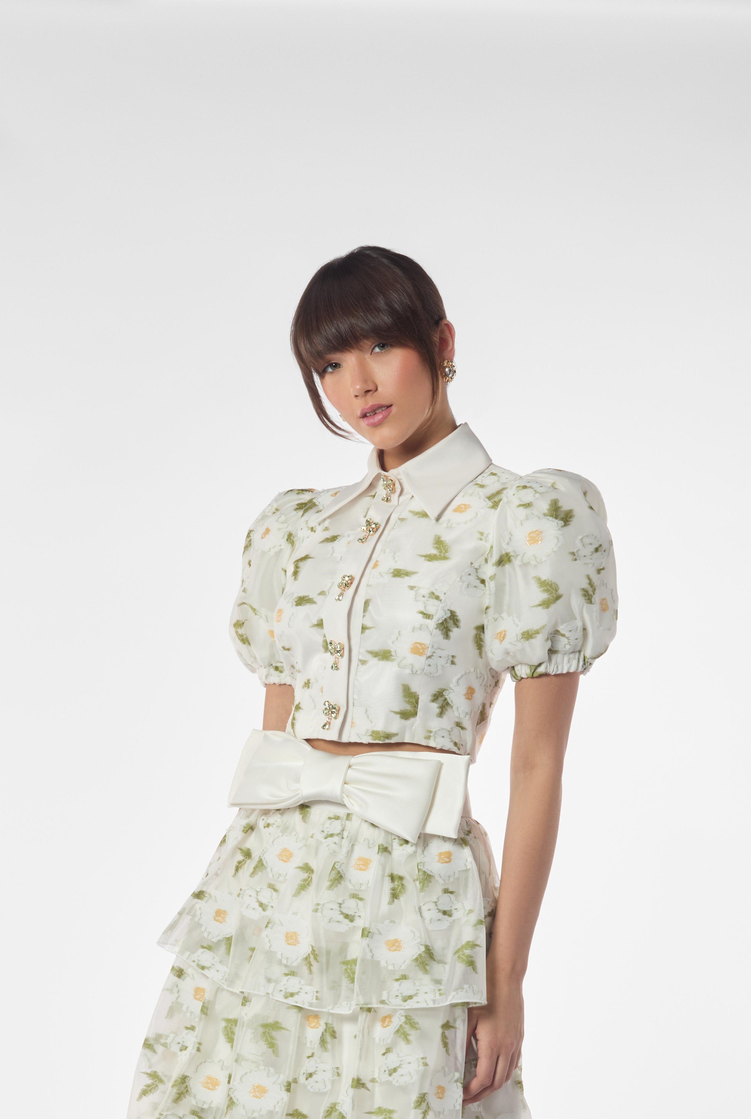 Embroidered Daisy Collared Puffy Sleeves Top