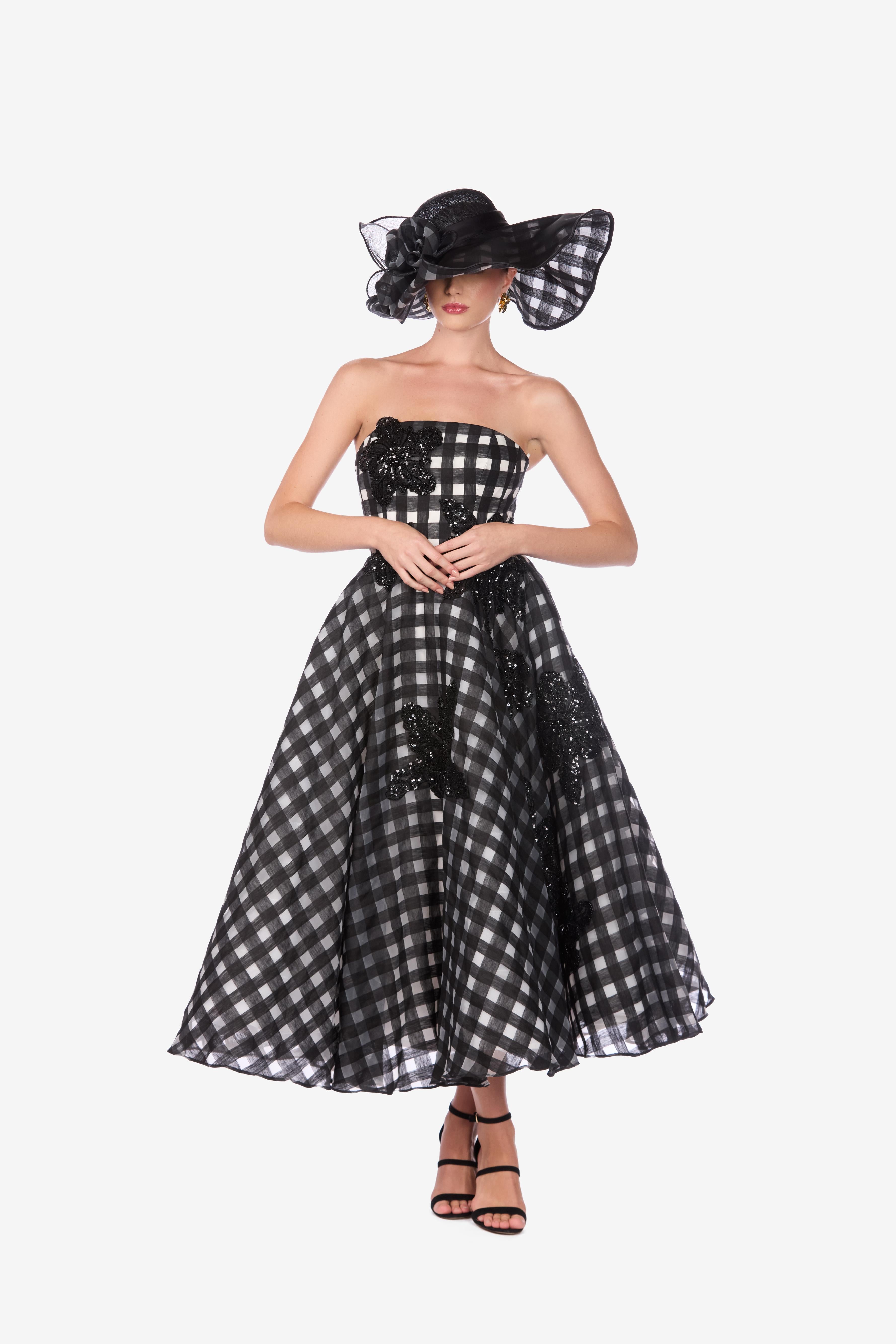 Linen Organza Windowpane Floral Embroidered Dress