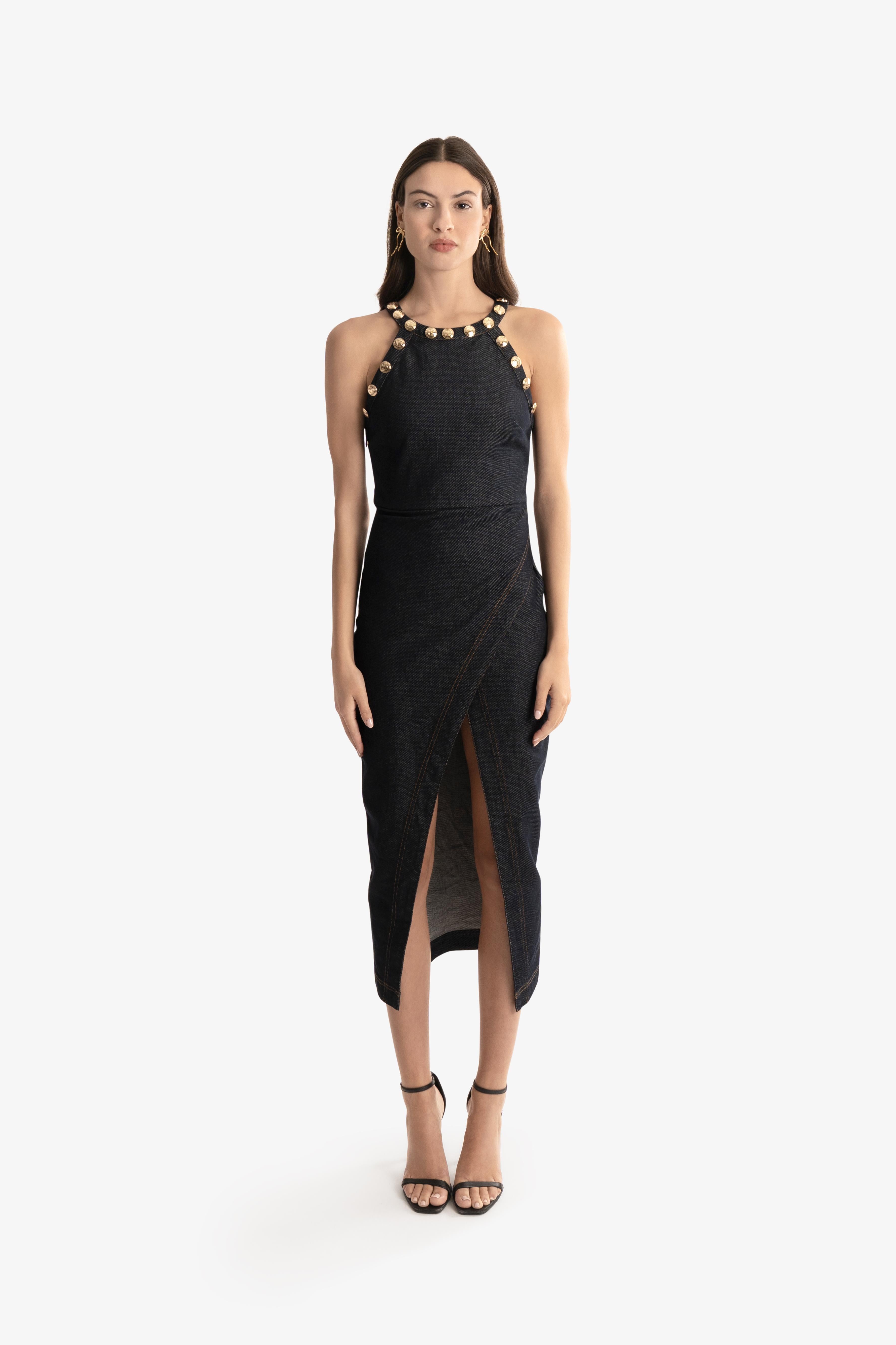 Halter Denim Midi Dress