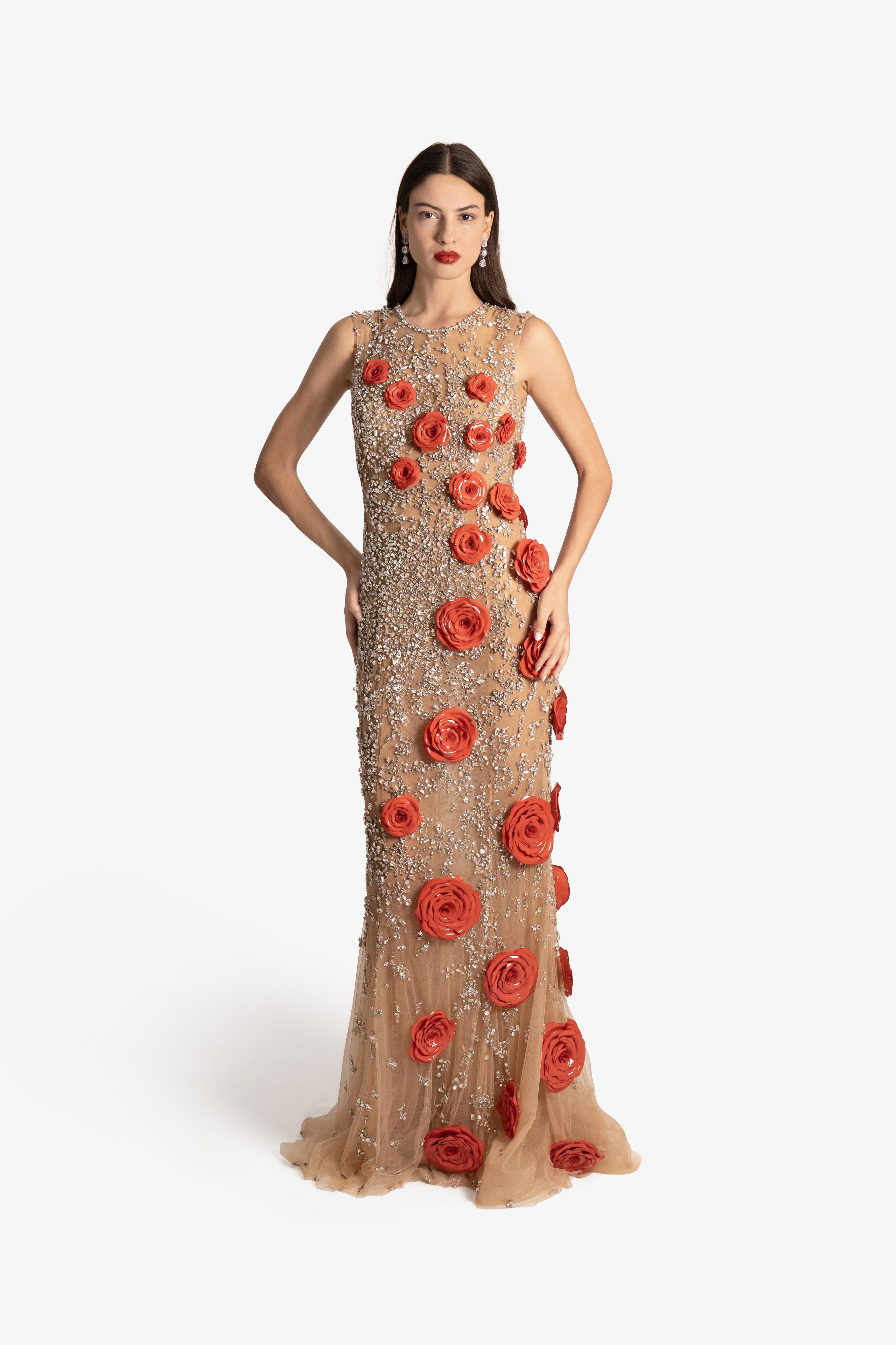 Embroidered Crystal Mesh Rose Couture Gown