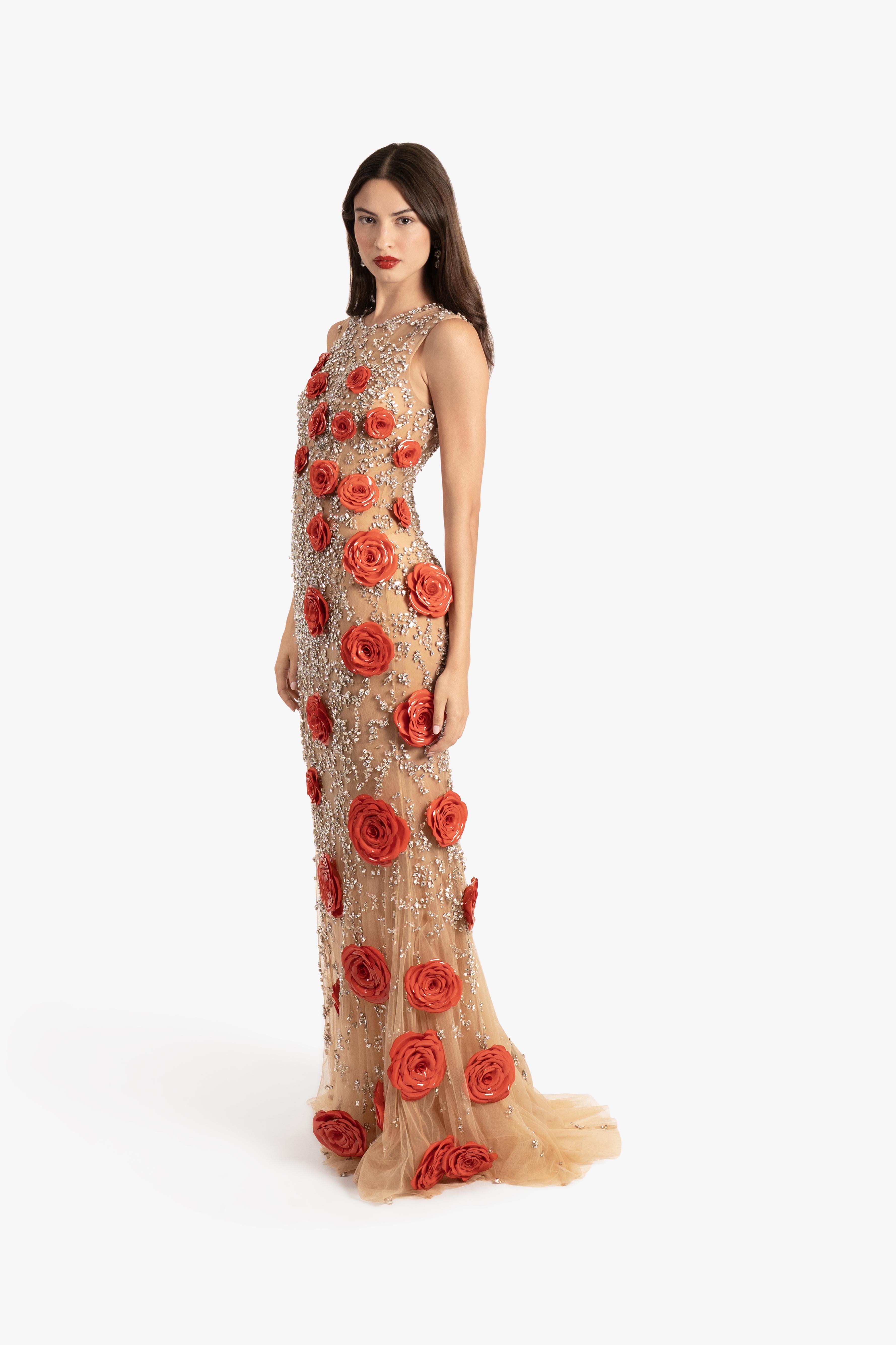 Embroidered Crystal Mesh Rose Couture Gown