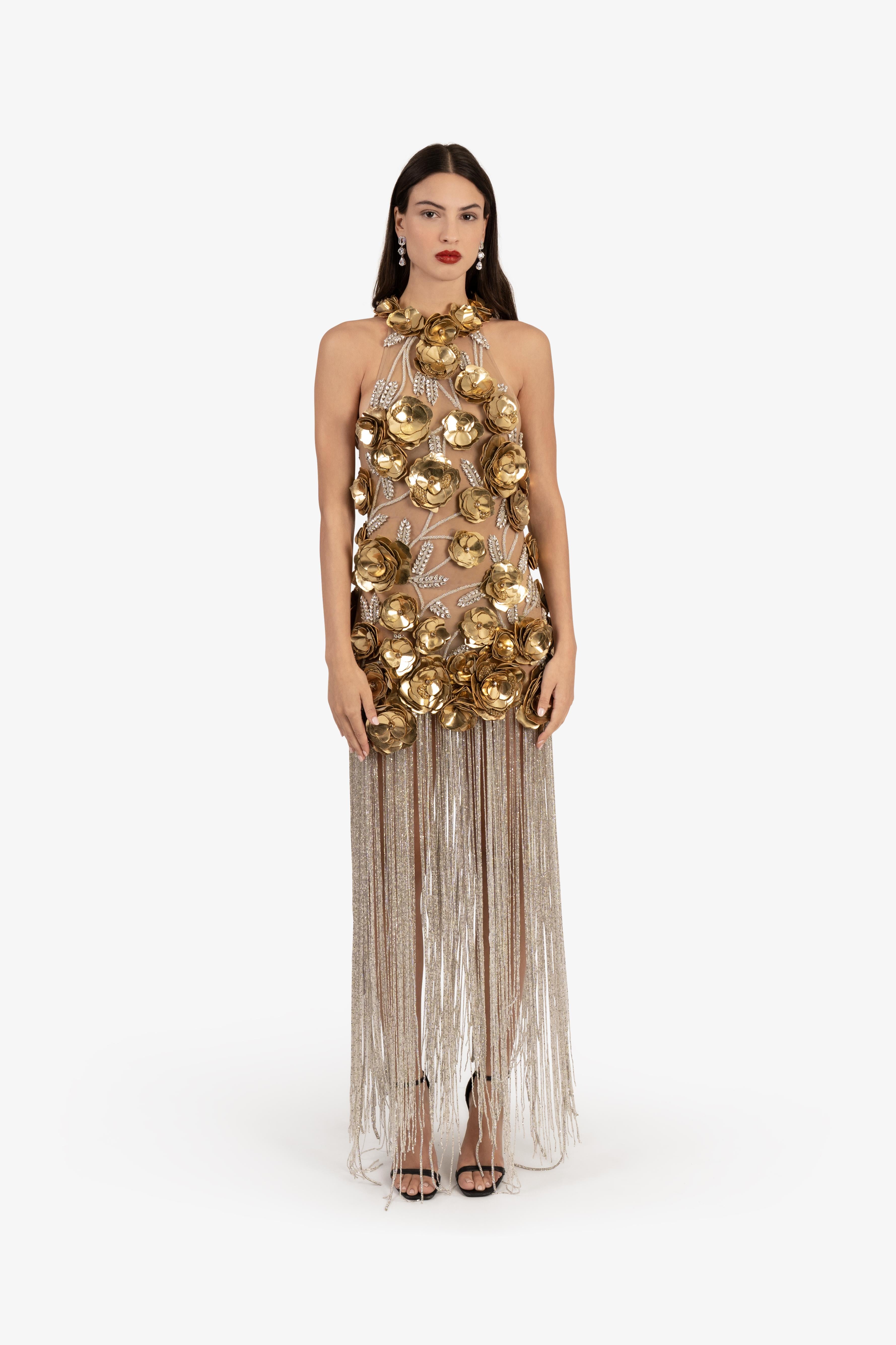 Metallic Gold 3D Floral Embroidered Fringe Cocktail Dress