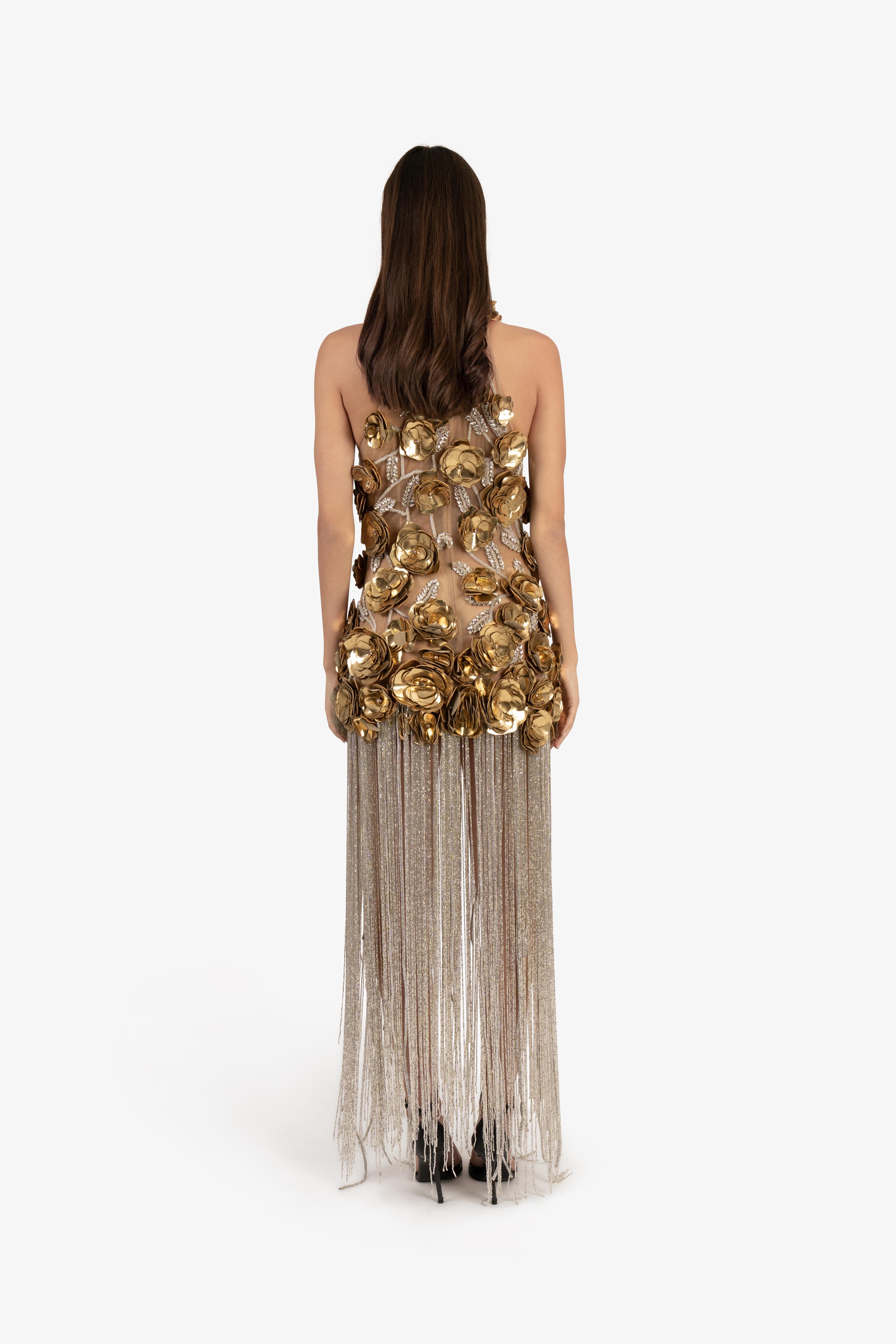 Metallic Gold 3D Floral Embroidered Fringe Cocktail Dress