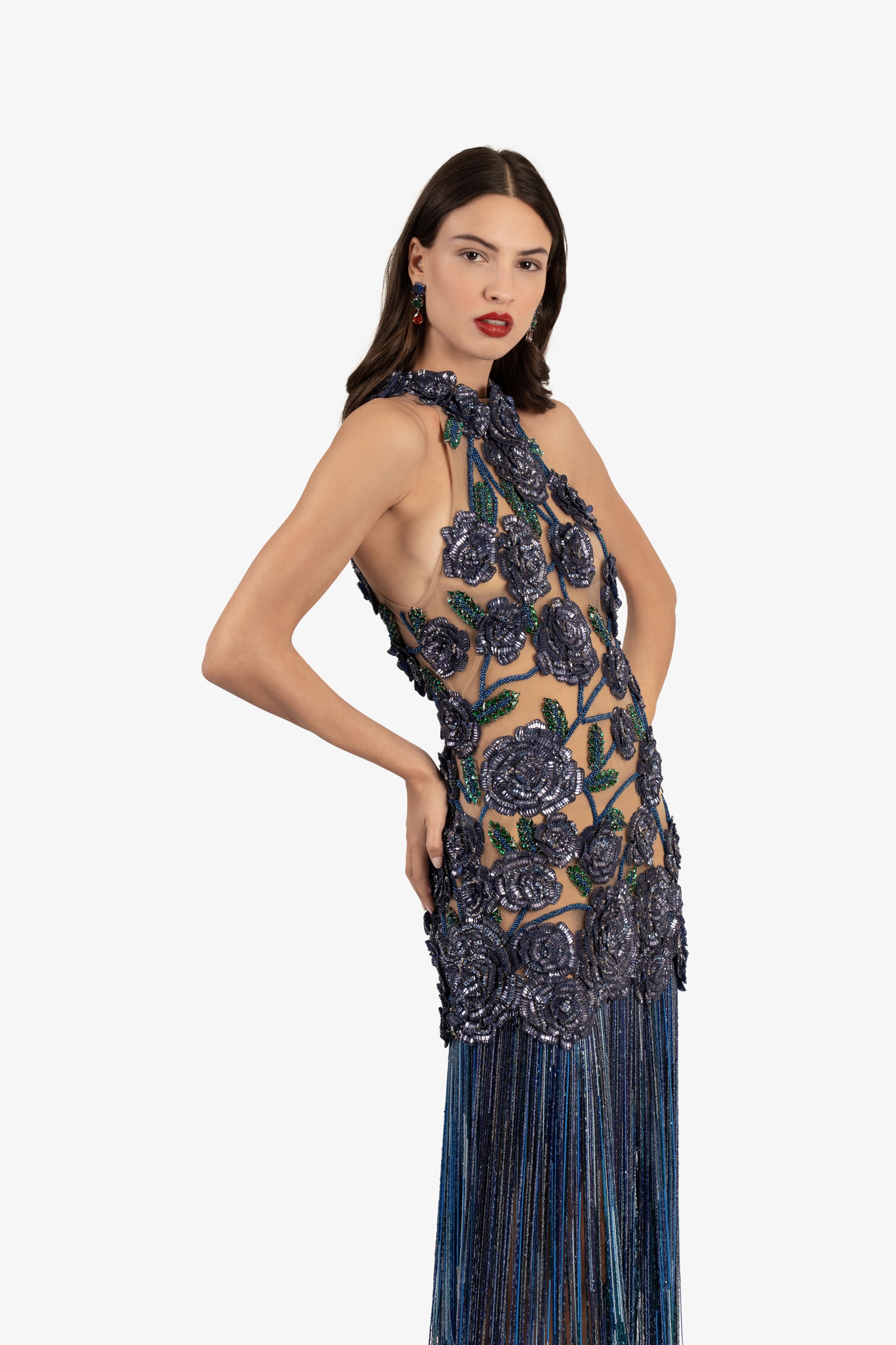 Floral Embroidered Crystal Fringe Cocktail Dress