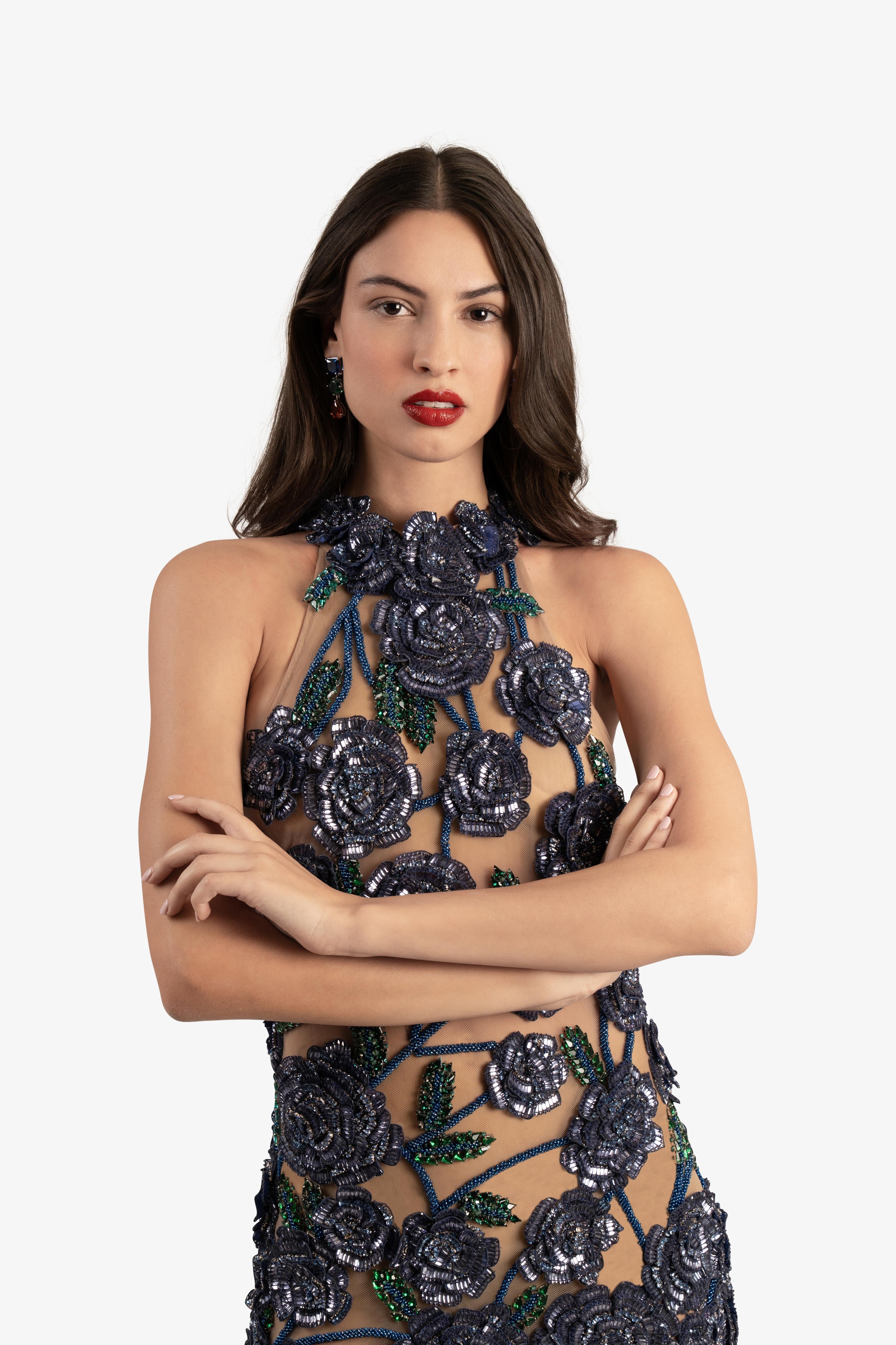 Floral Embroidered Crystal Fringe Cocktail Dress