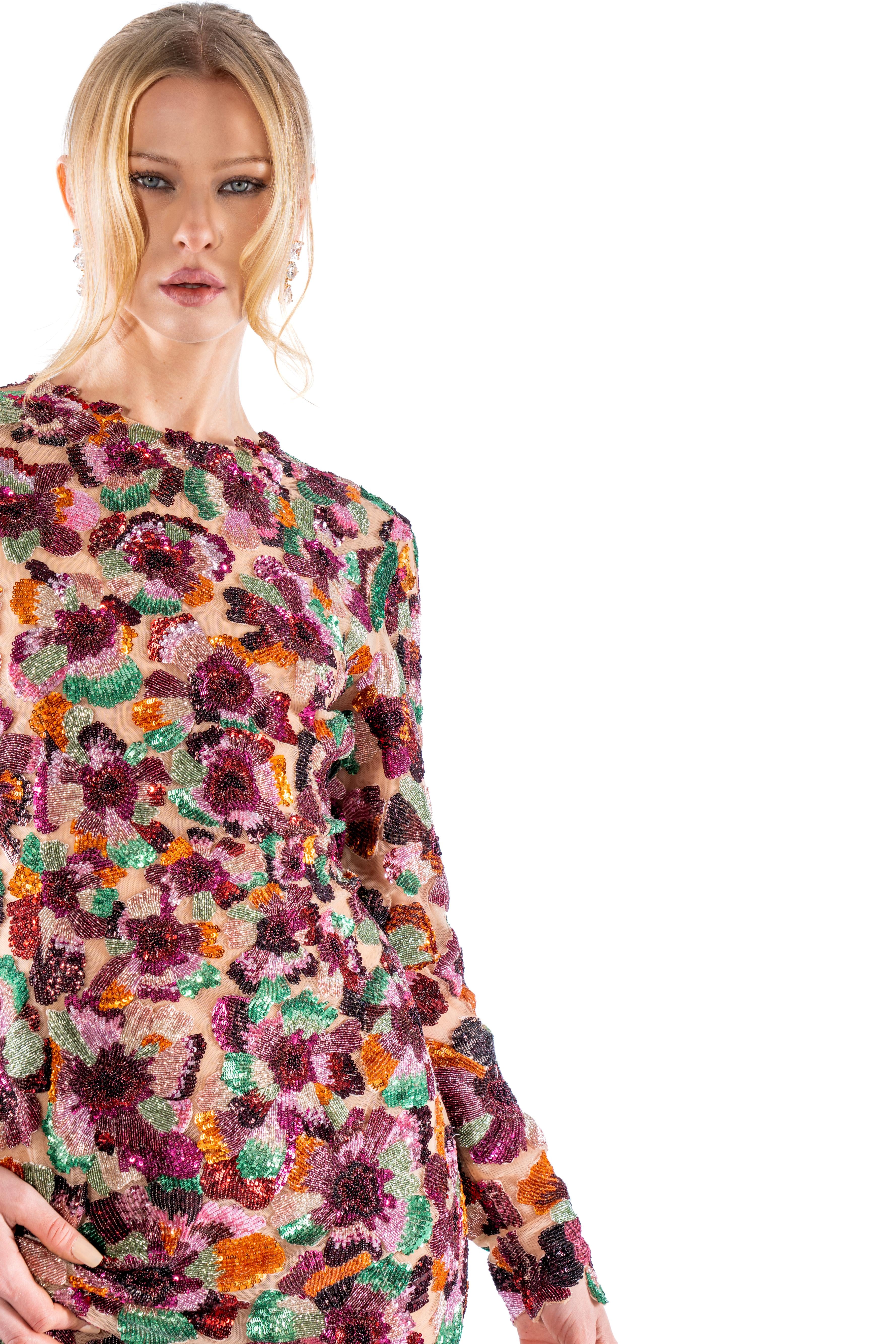 Embroidered Multicolored Poppy Gown