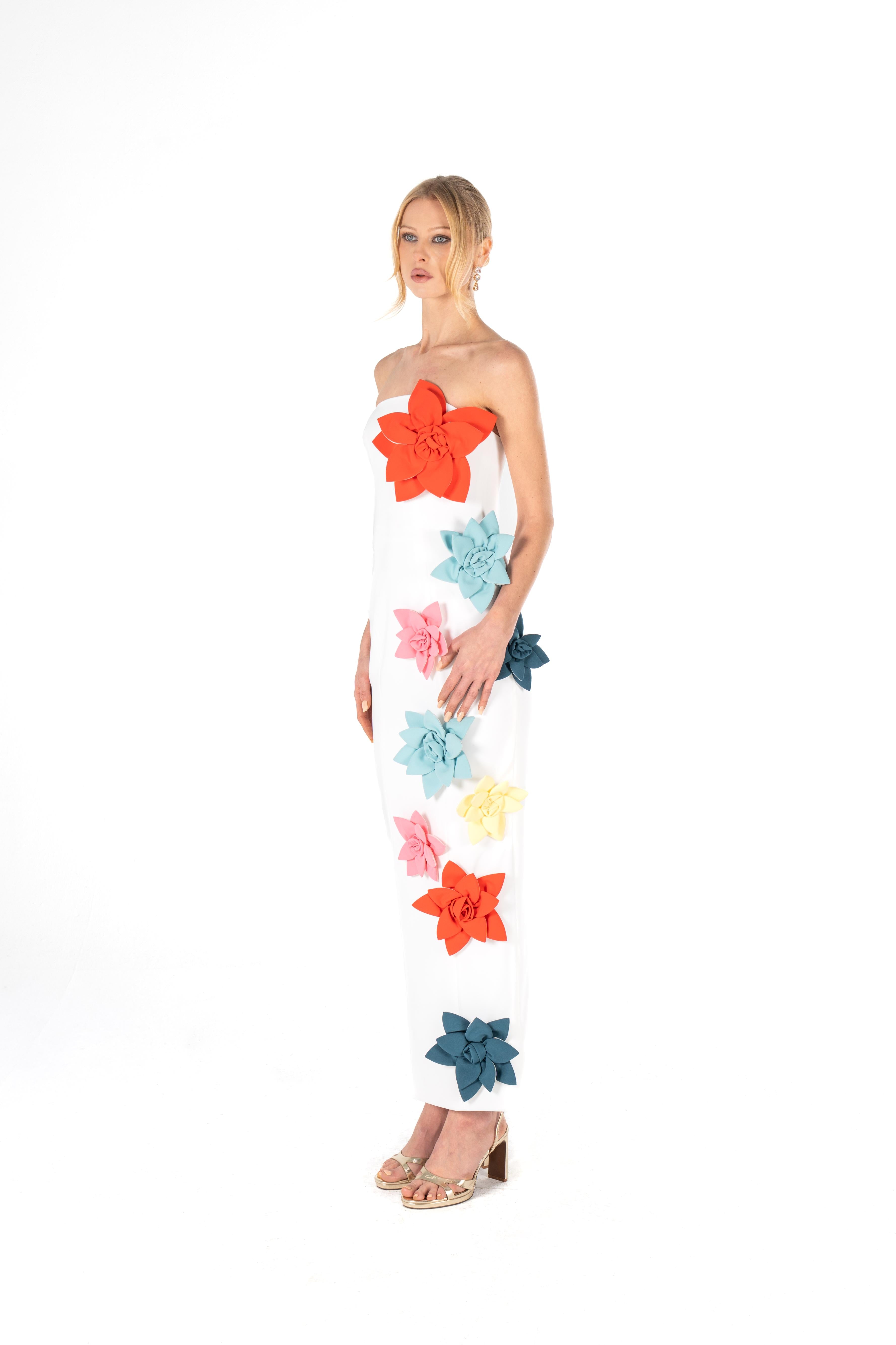 3D Floral Strapless Column Dress