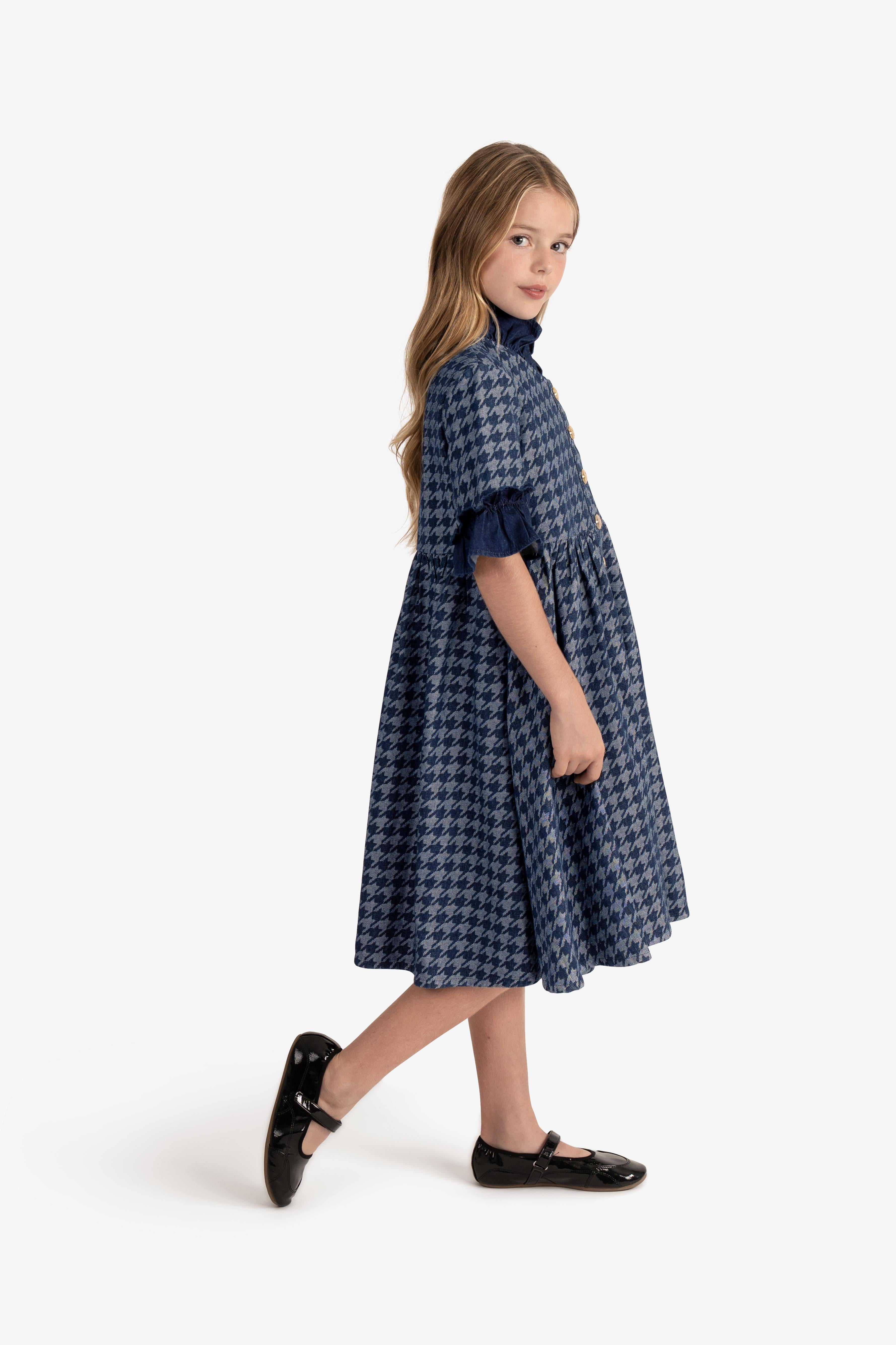 Houndstooth Denim Ruffled Dress