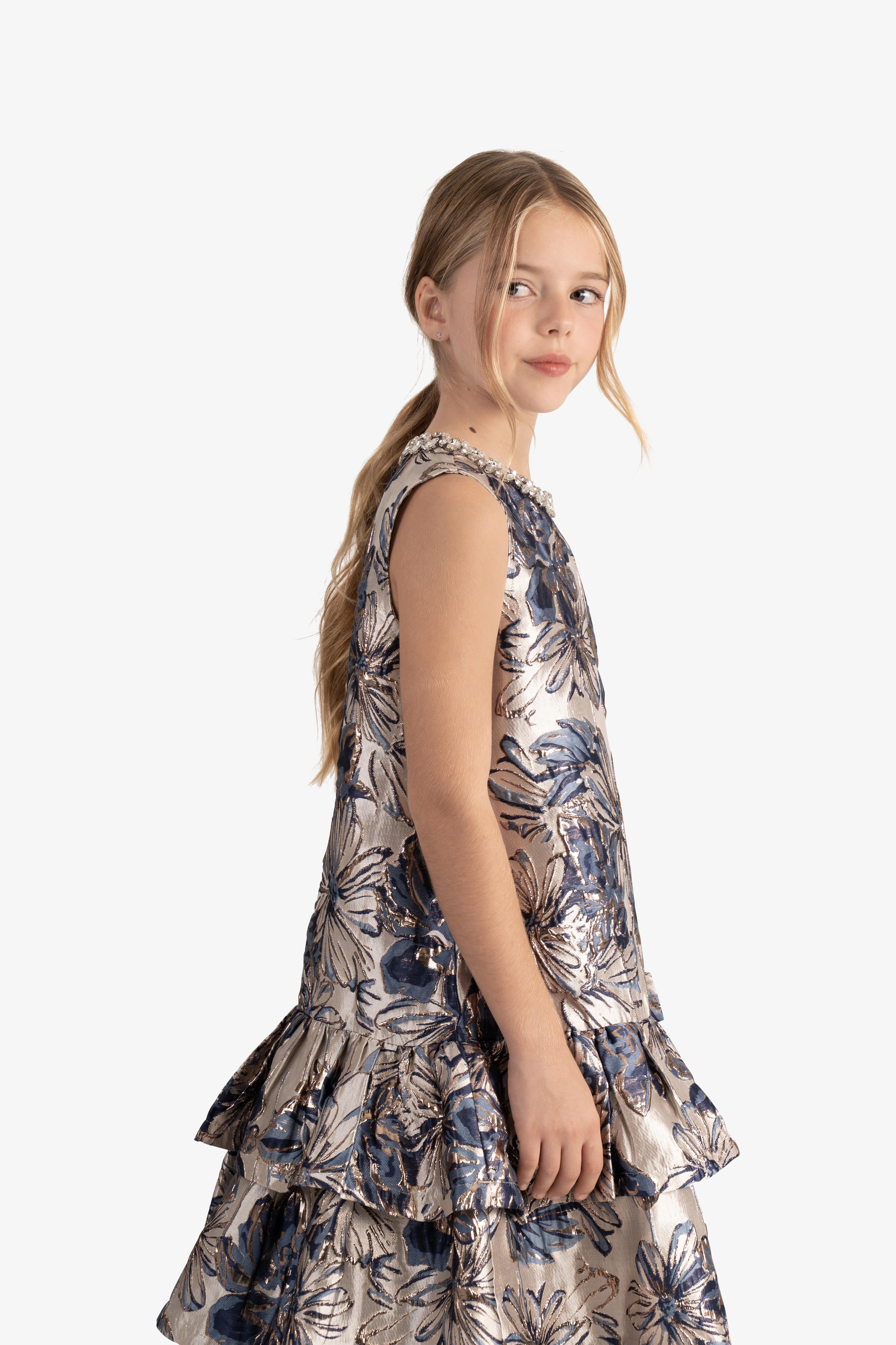 Metallic Floral Jacquard Tiered Dress