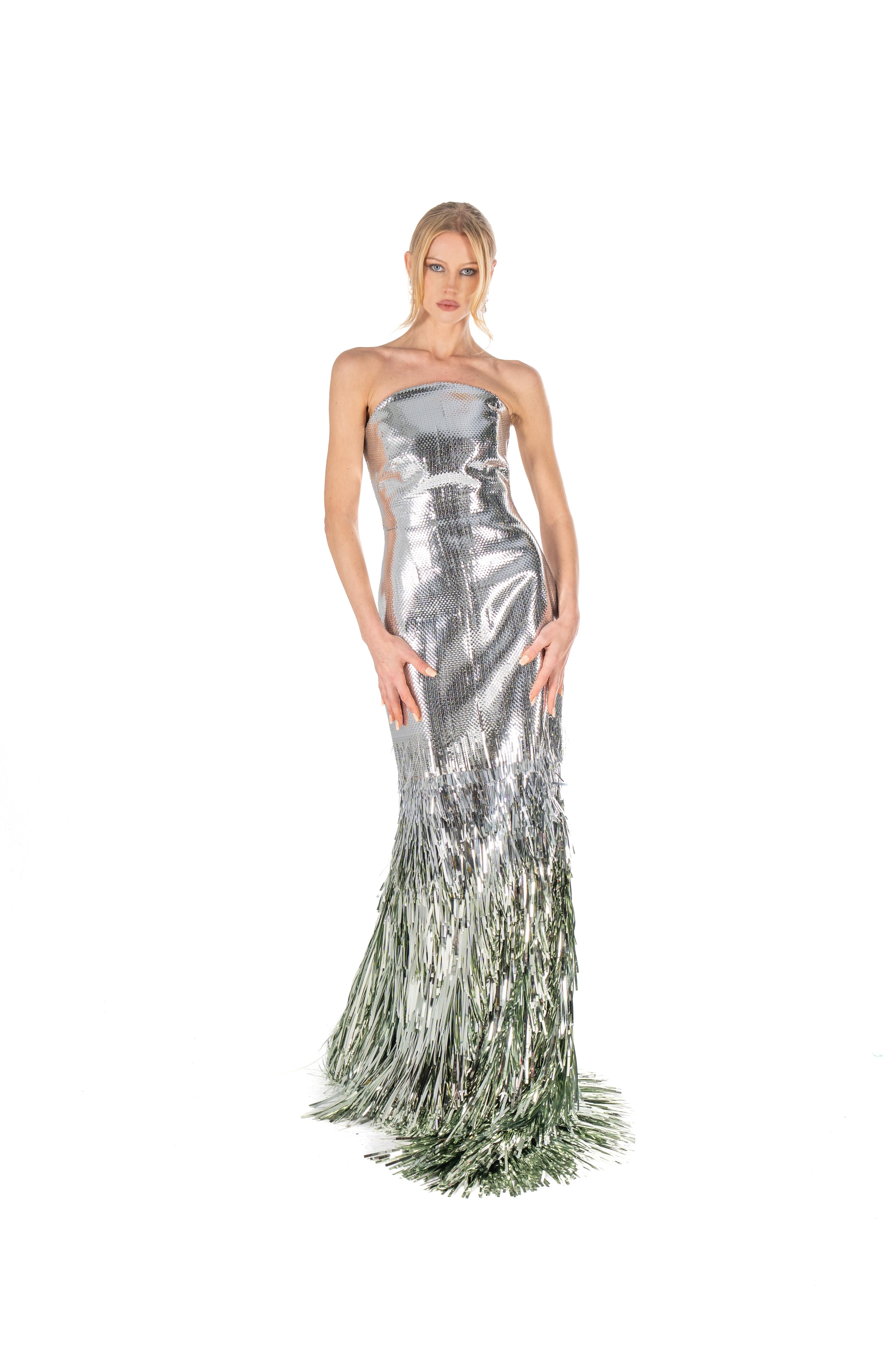 Metallic Fringe Ombré Gown