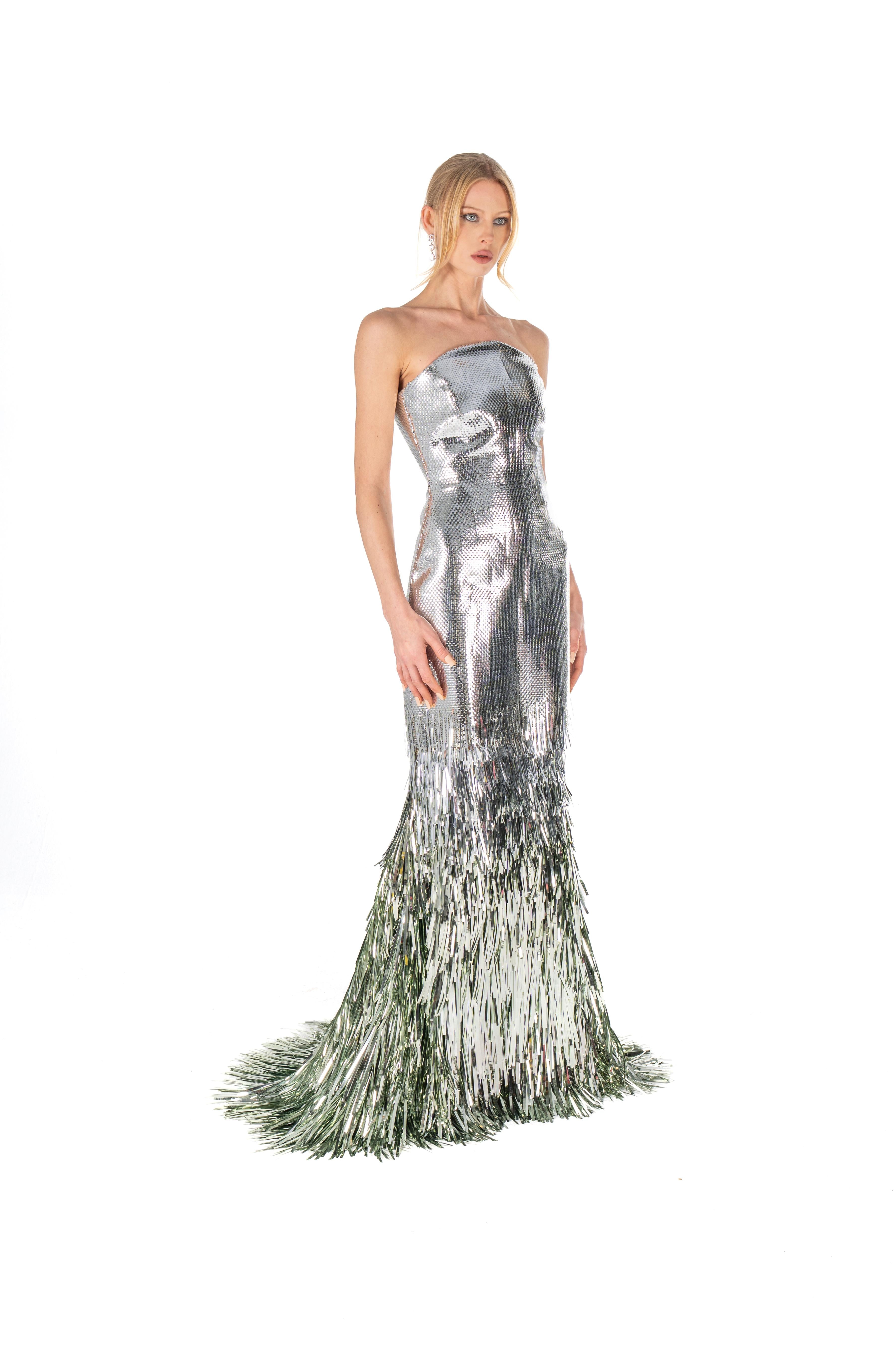 Metallic Fringe Ombré Gown