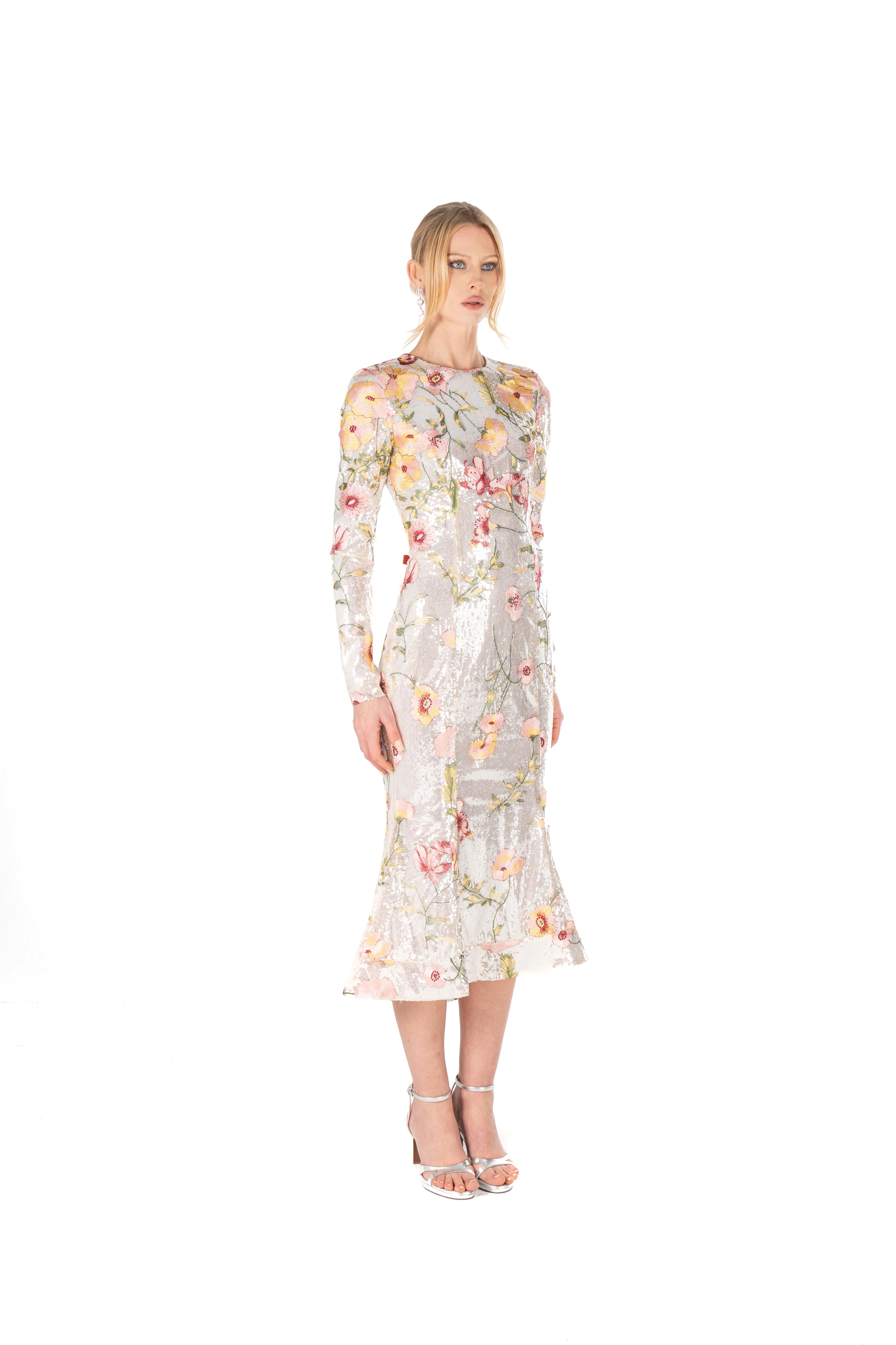 Embroidered Floral Sequin Midi Dres