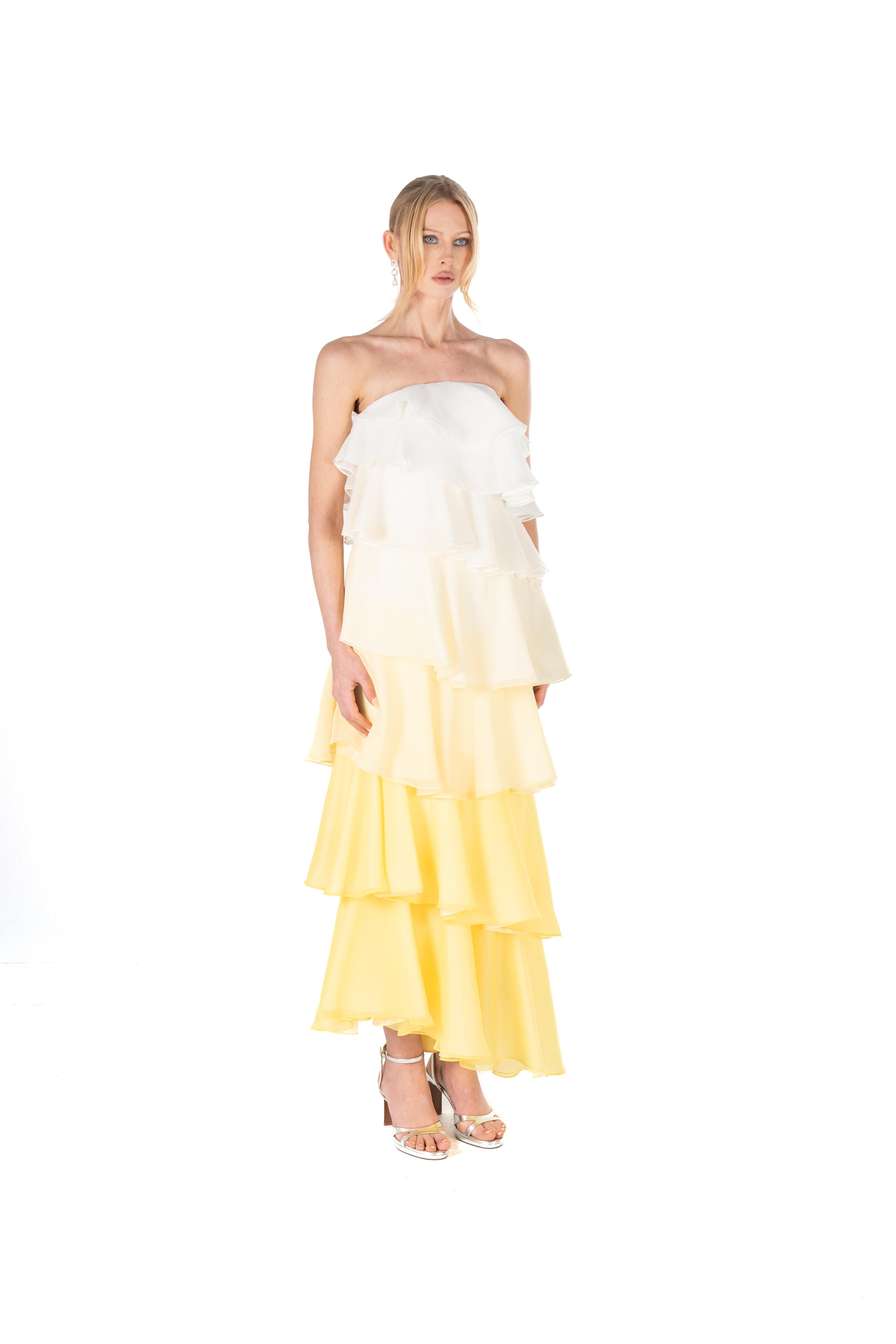 Ombre Layered Strapless Chiffon Gown