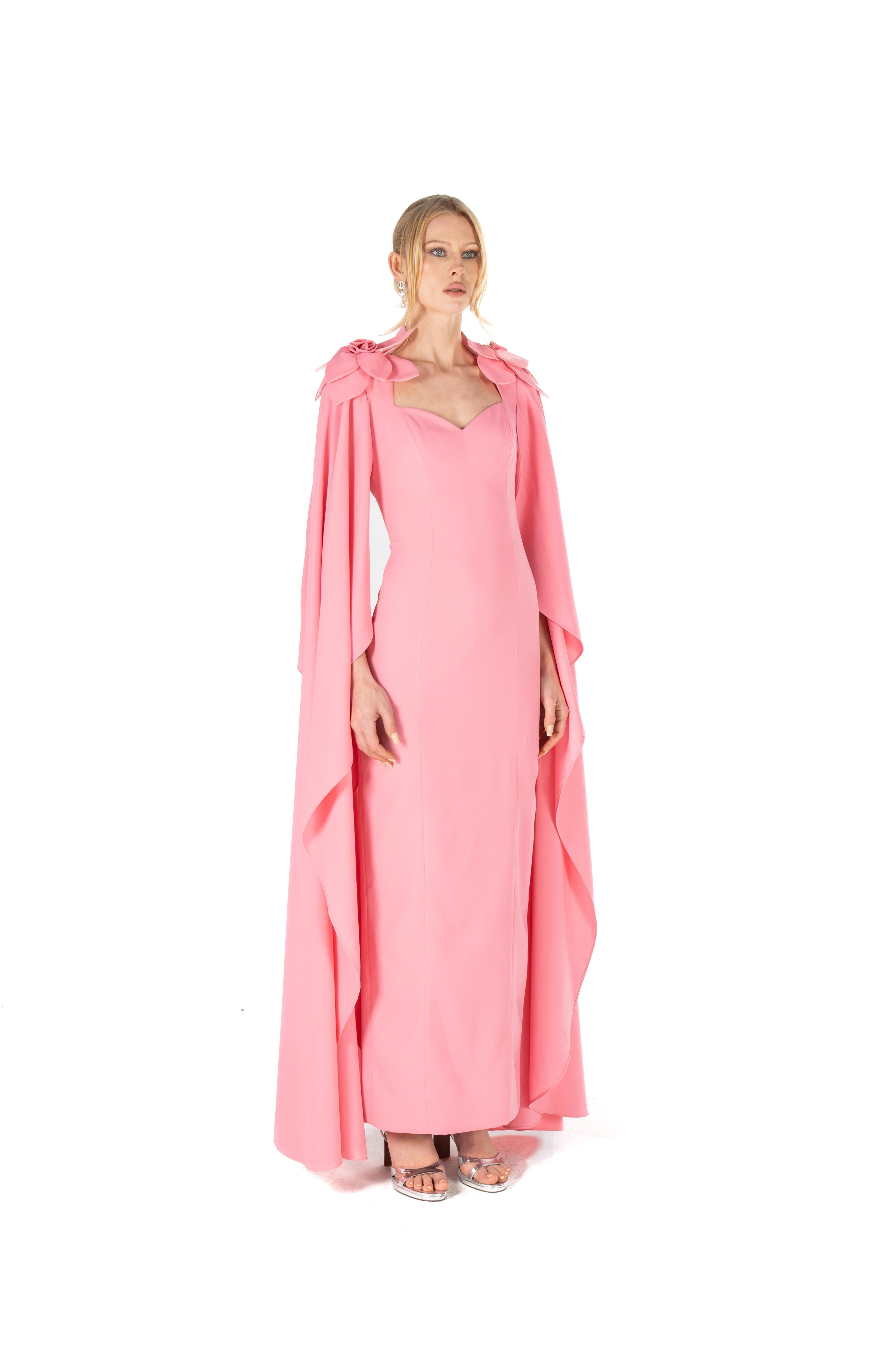 Cape-Sleeve Fitted Crepe Gown