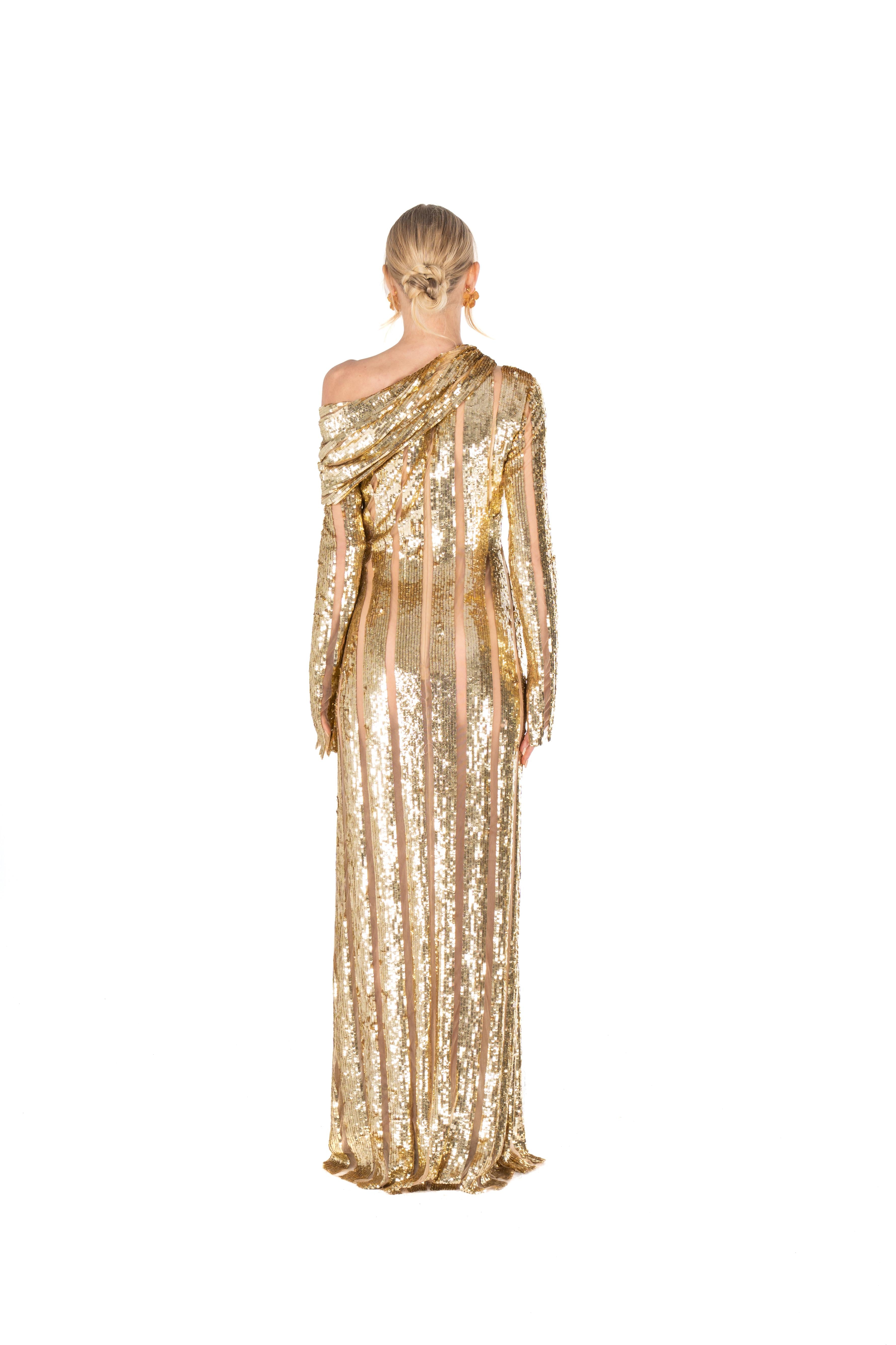 Golden Sequin Off-Shoulder Gown