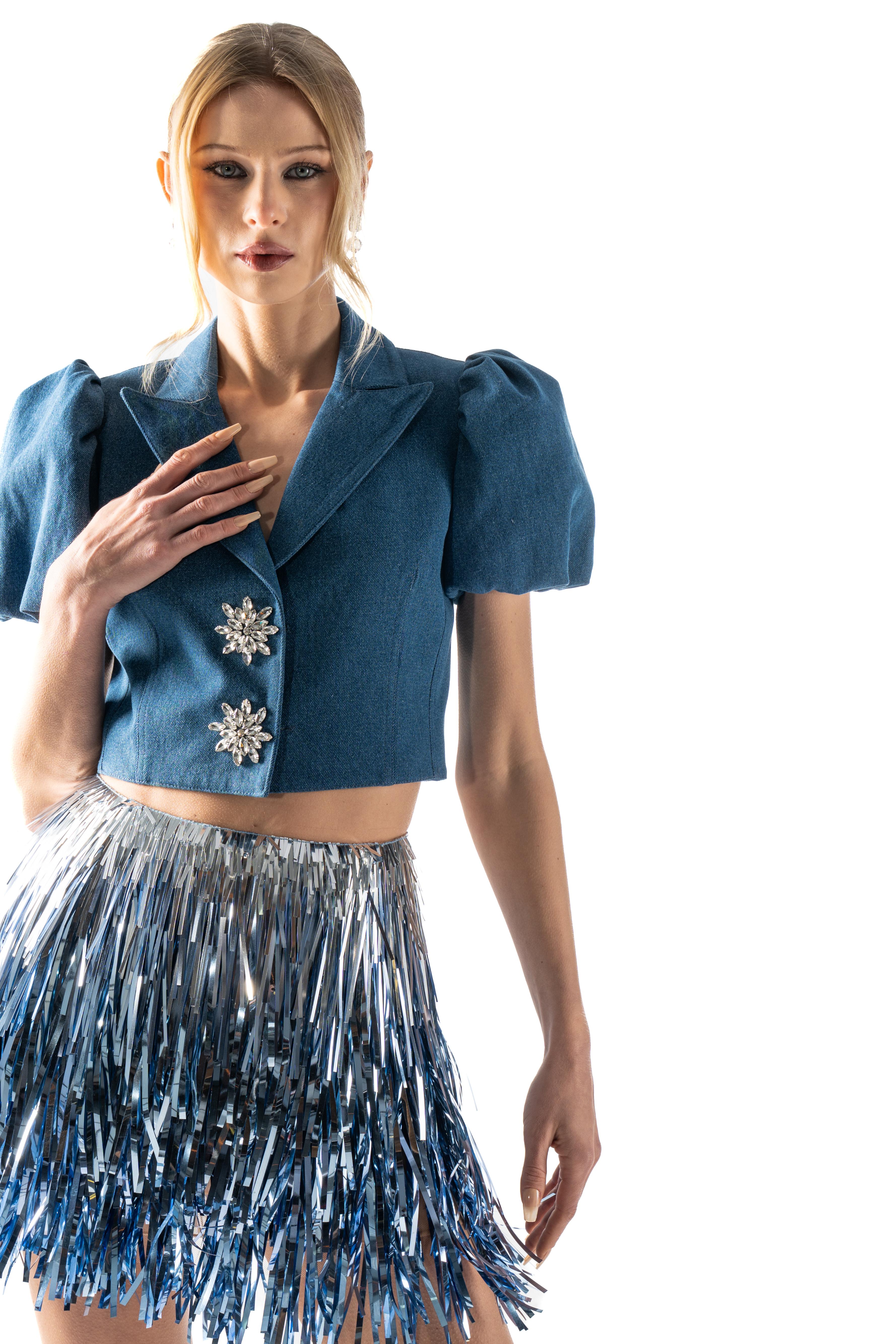 Puff-Sleeve Cropped Denim Jacket