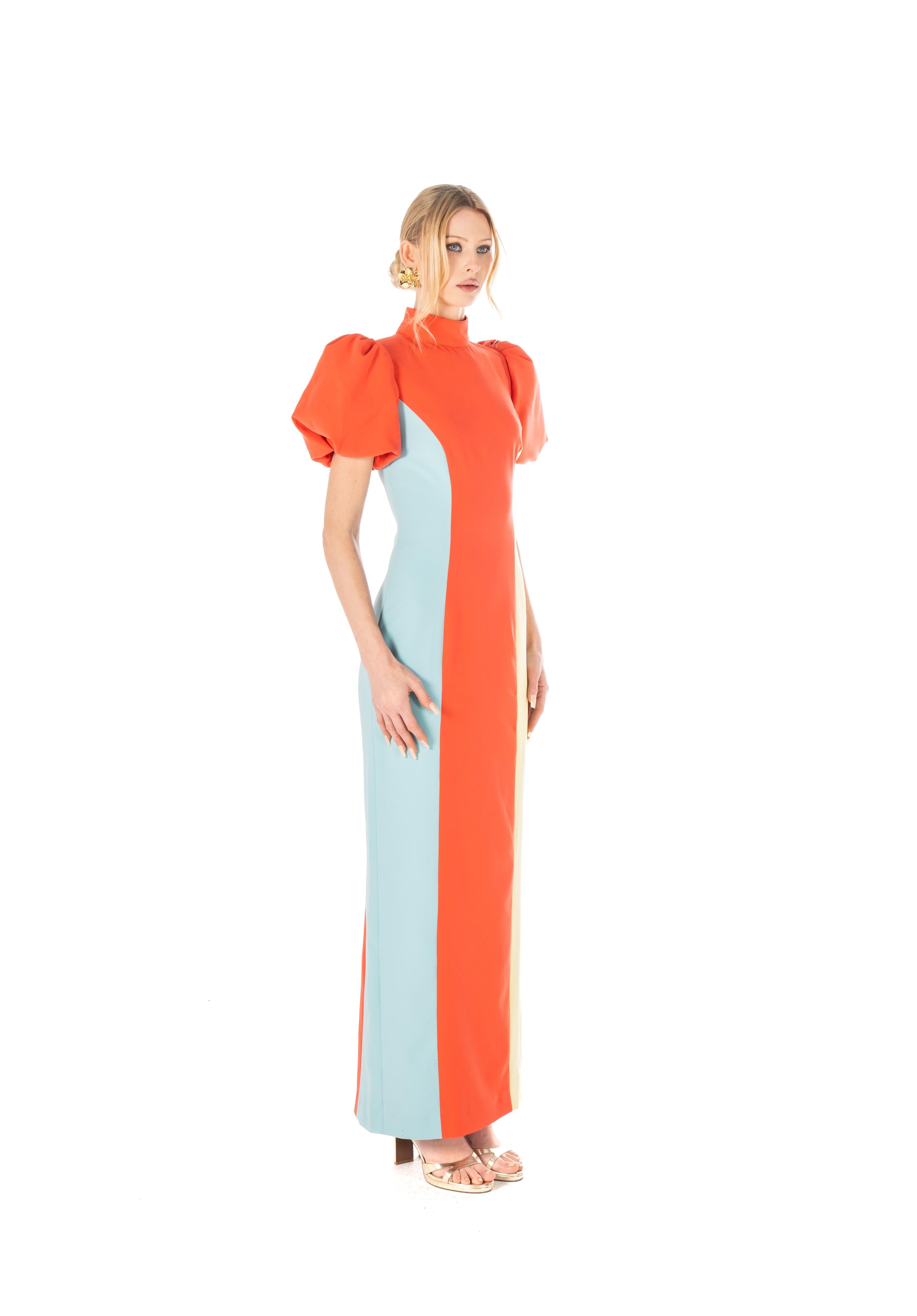Puff-Sleeve Colorblock Column Dress