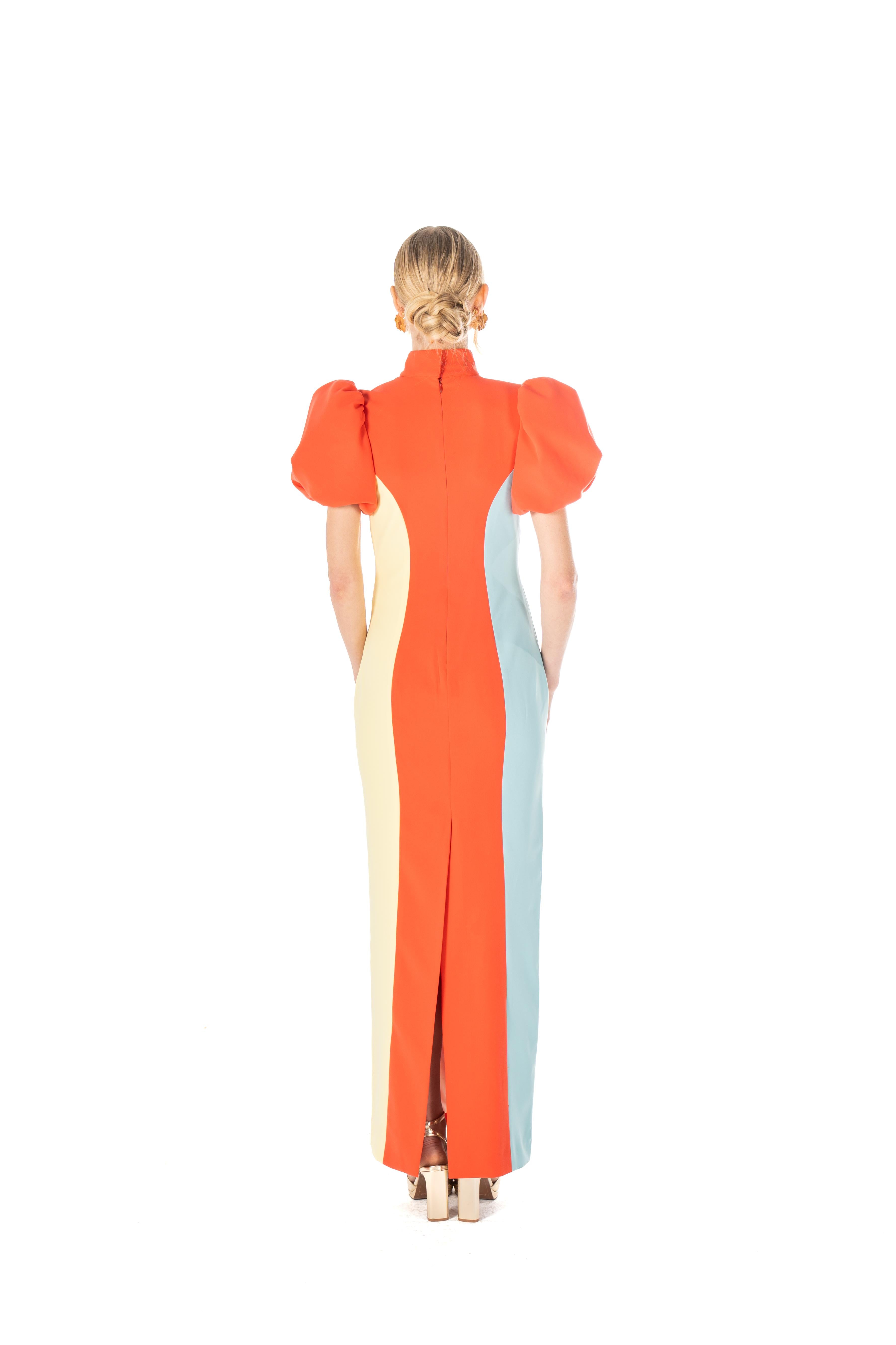 Puff-Sleeve Colorblock Column Dress