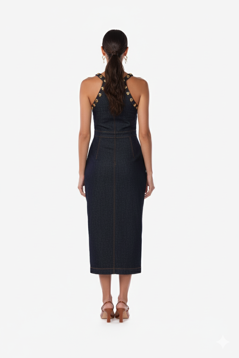 Halter Denim Midi Dress