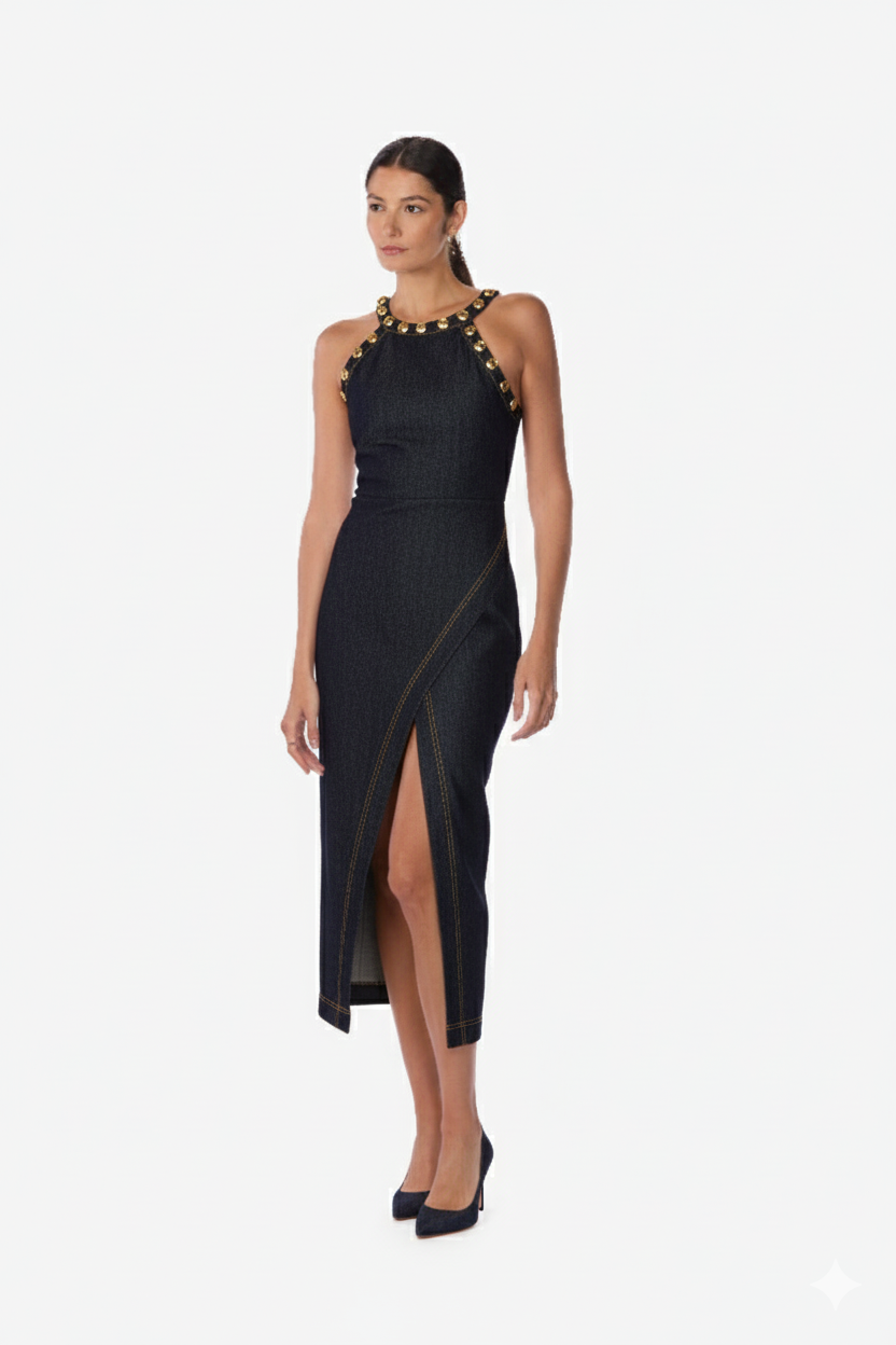 Halter Denim Midi Dress