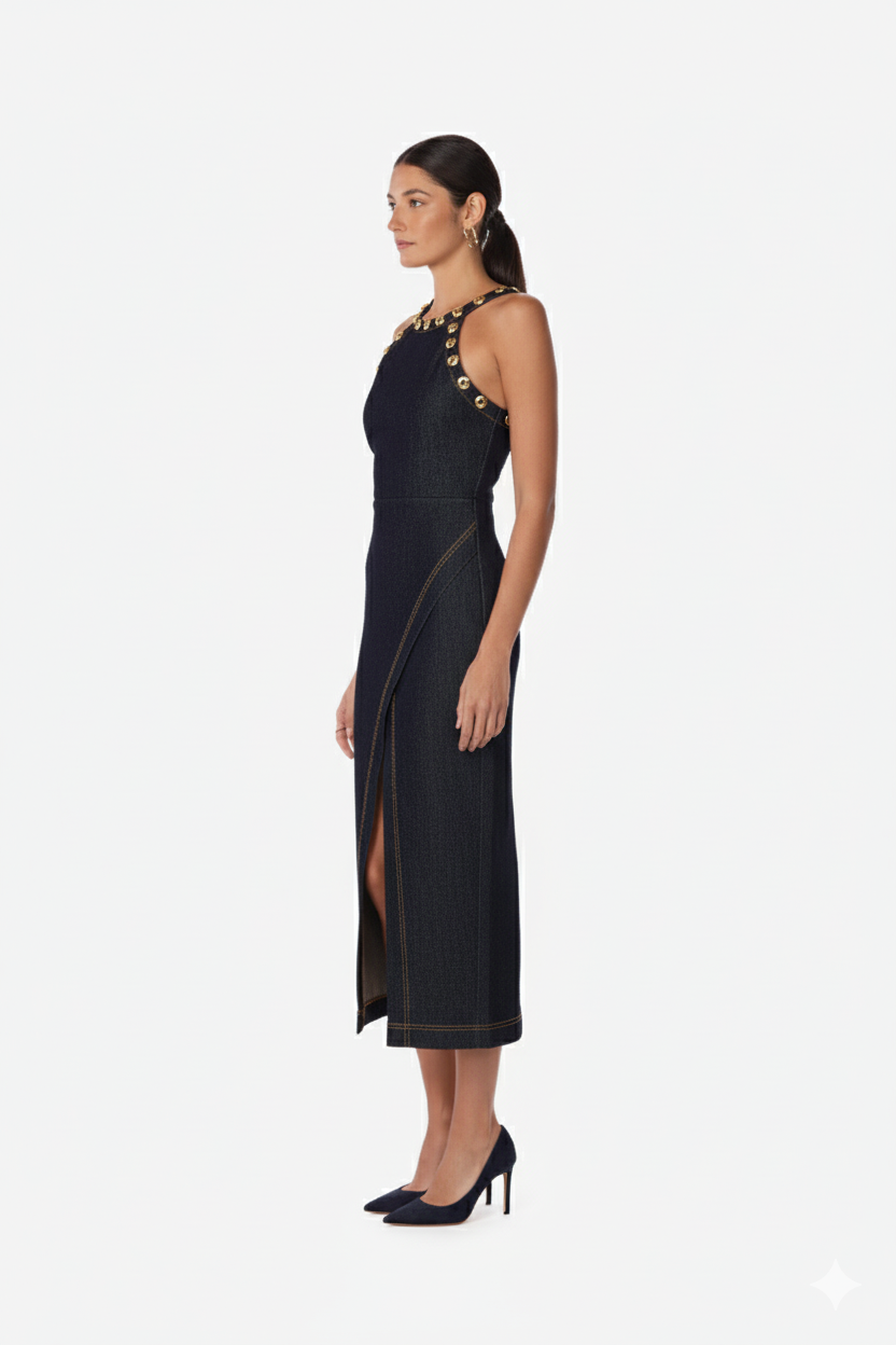 Halter Denim Midi Dress
