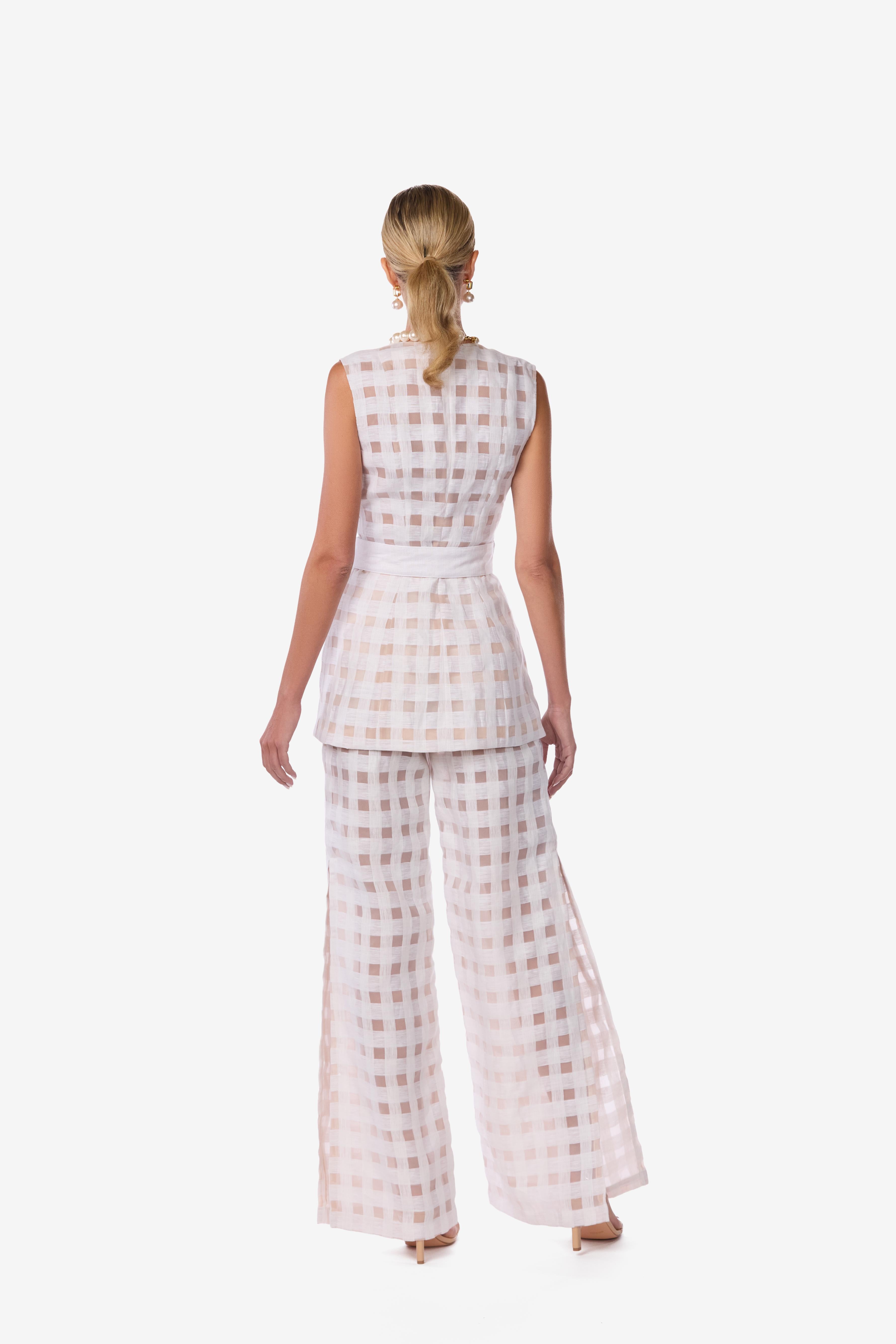 Linen Organza Windowpane High-Waisted Pants