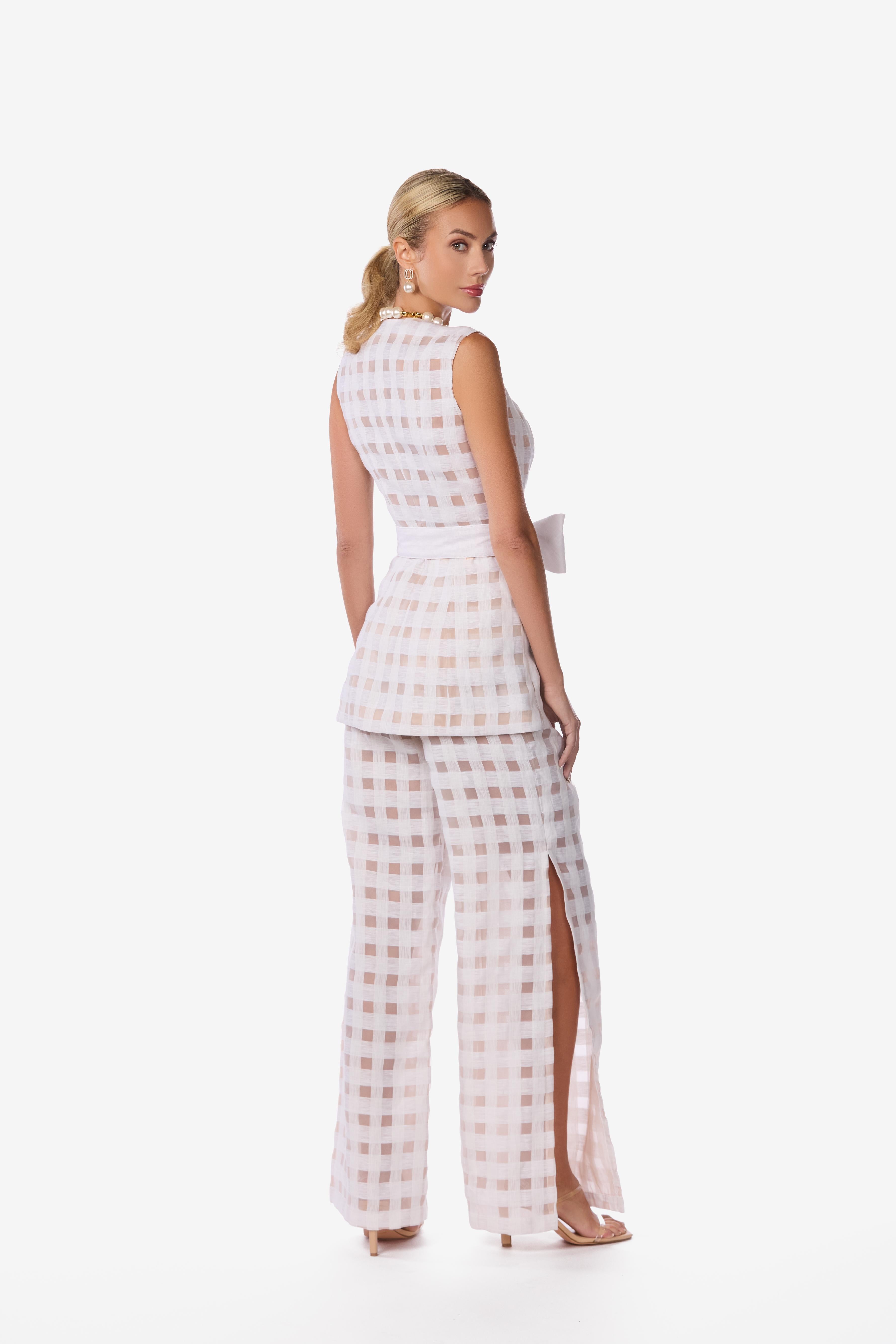 Linen Organza Windowpane High-Waisted Pants