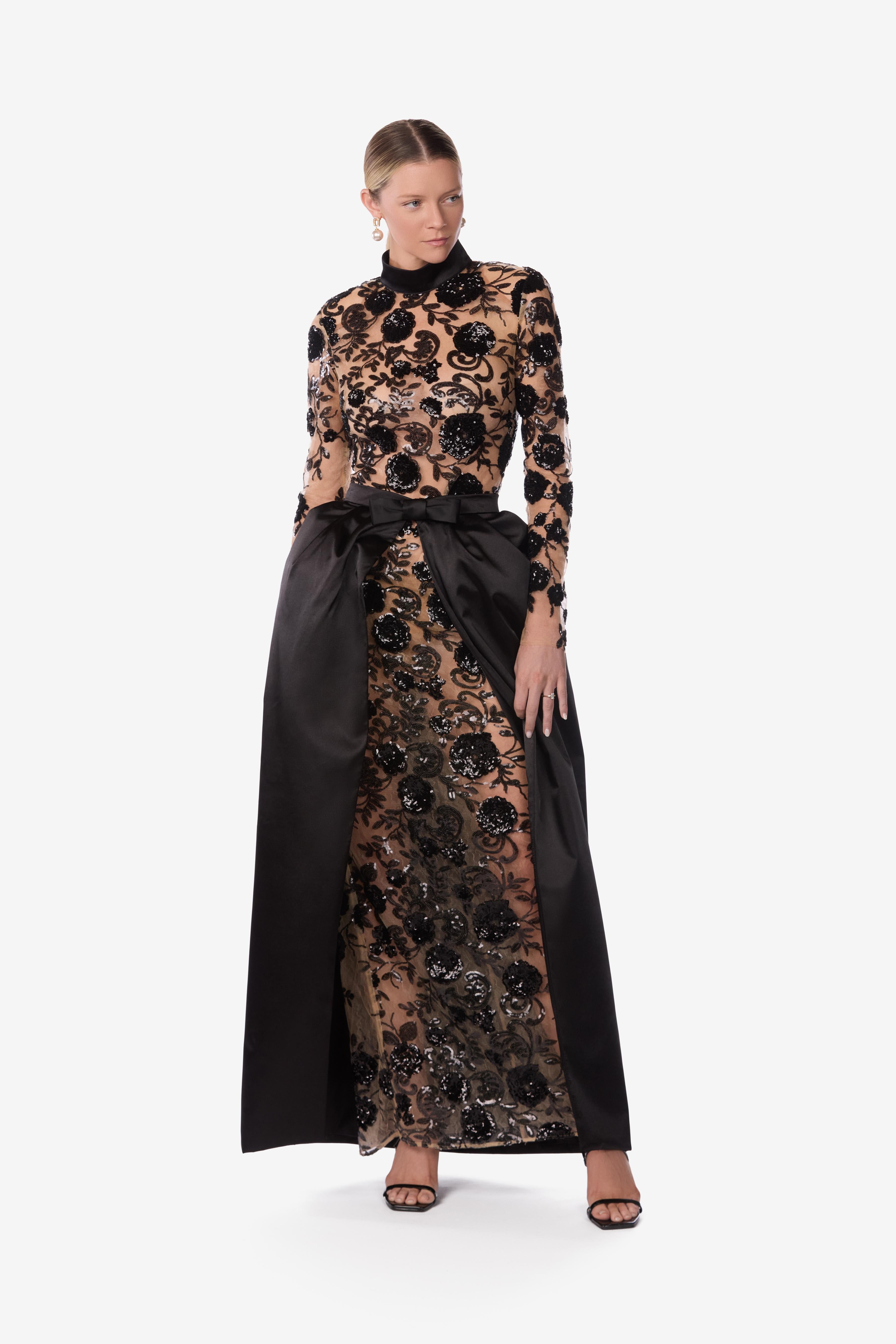 Fitted Floral Embroidered Sequin Mesh Gown