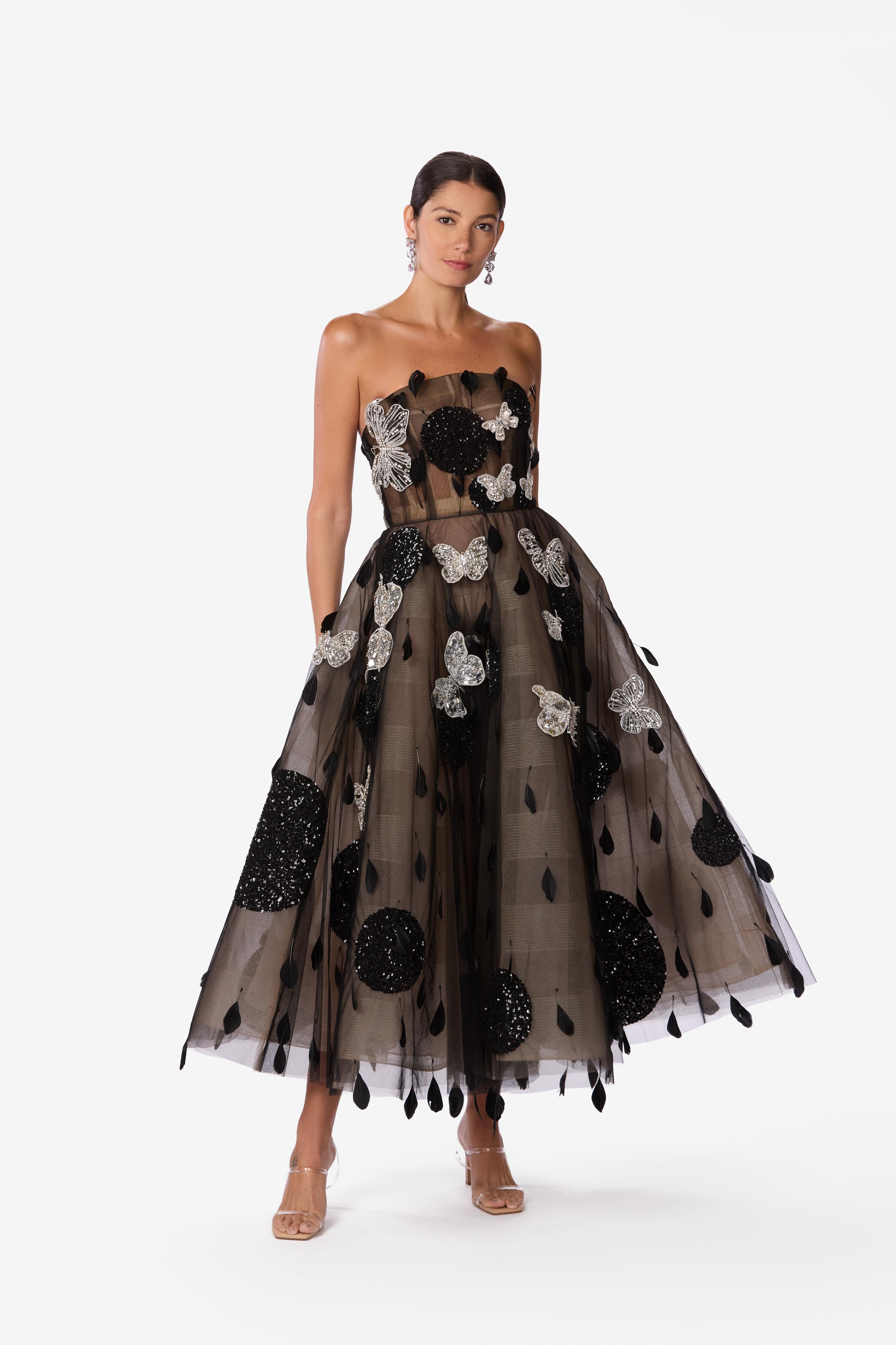 Butterfly & Crystal Embroidered Silk Tulle Dress