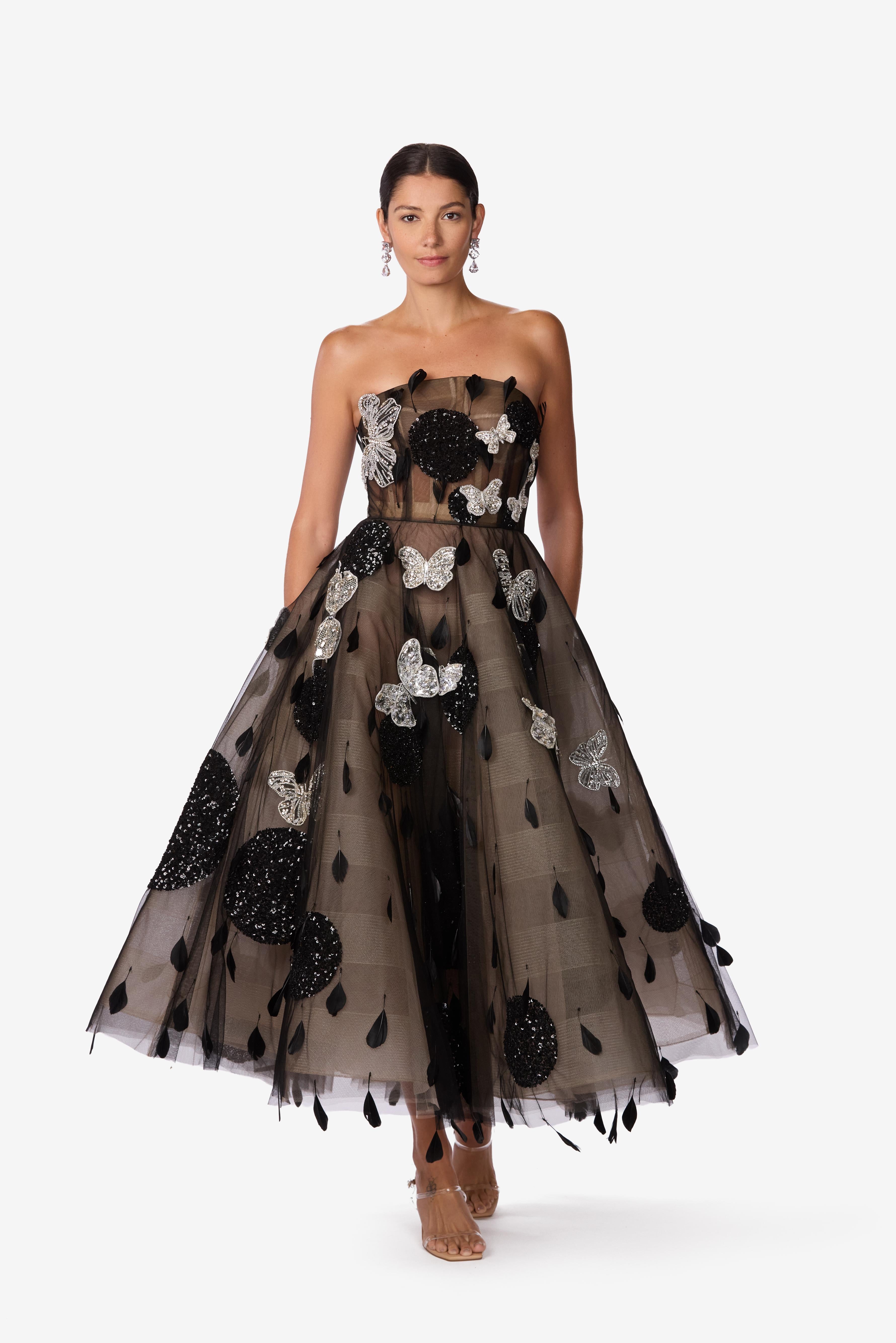Butterfly & Crystal Embroidered Silk Tulle Dress