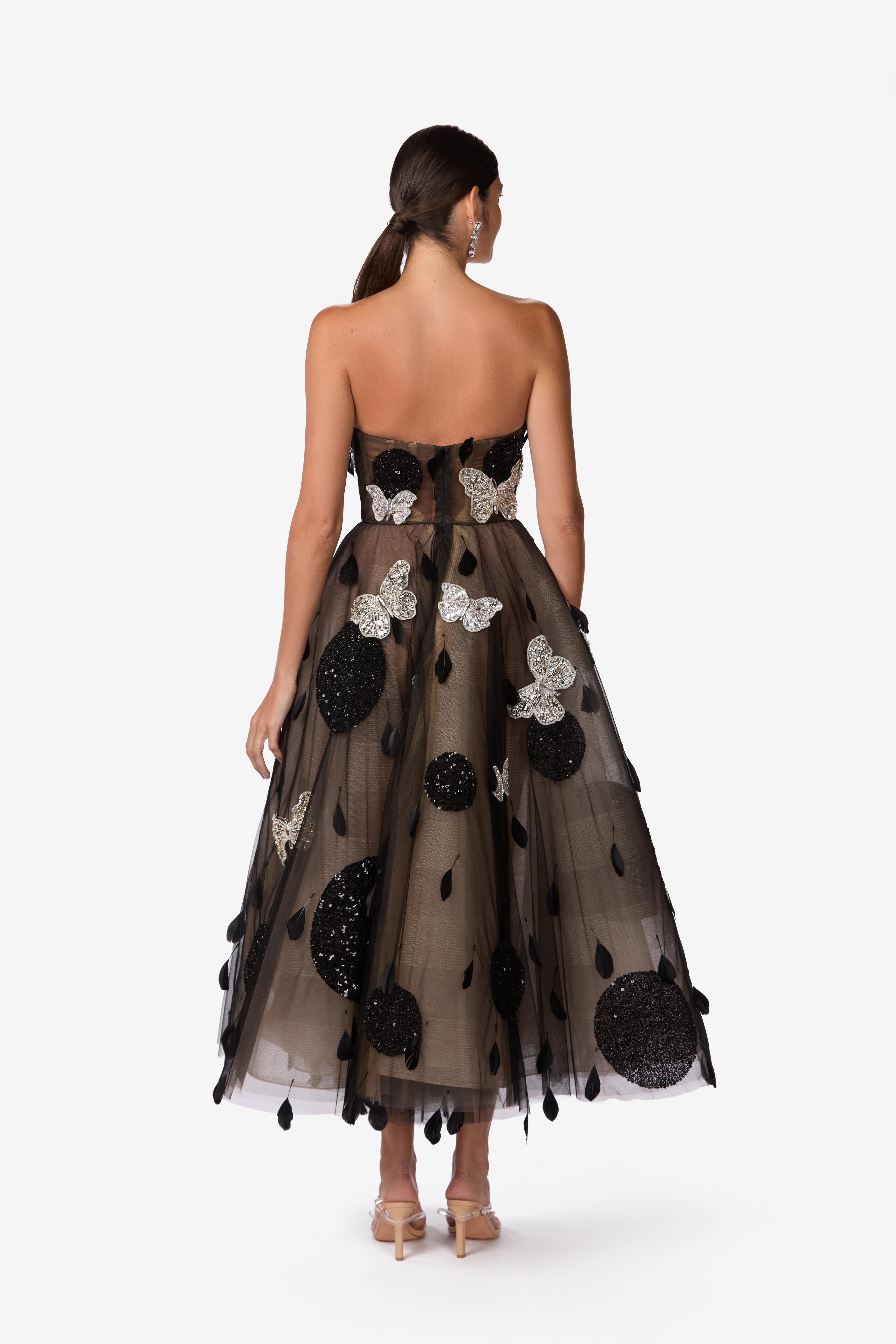 Butterfly & Crystal Embroidered Silk Tulle Dress