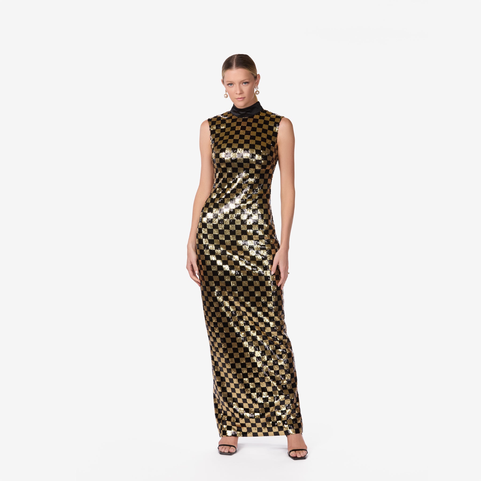 Black & Gold Sequin Checkered Column Gown