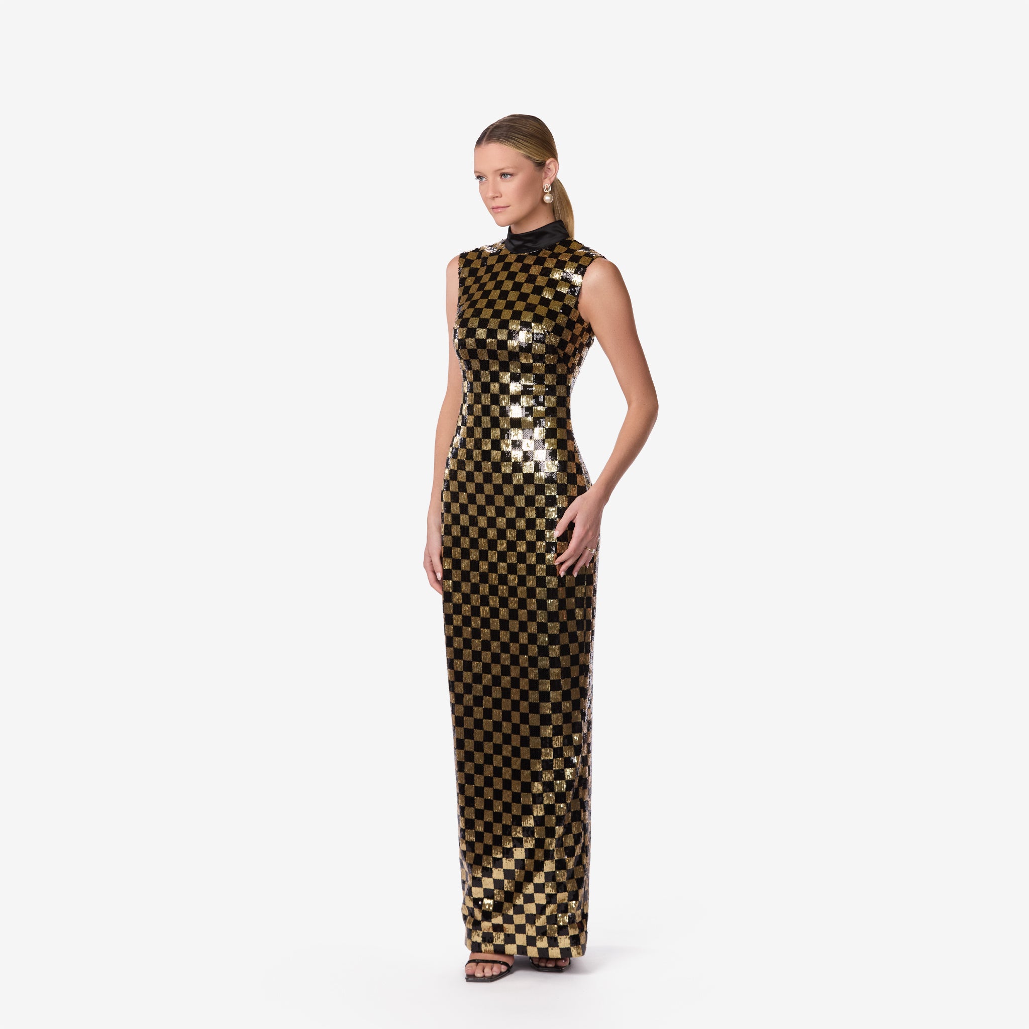 Black & Gold Sequin Checkered Column Gown
