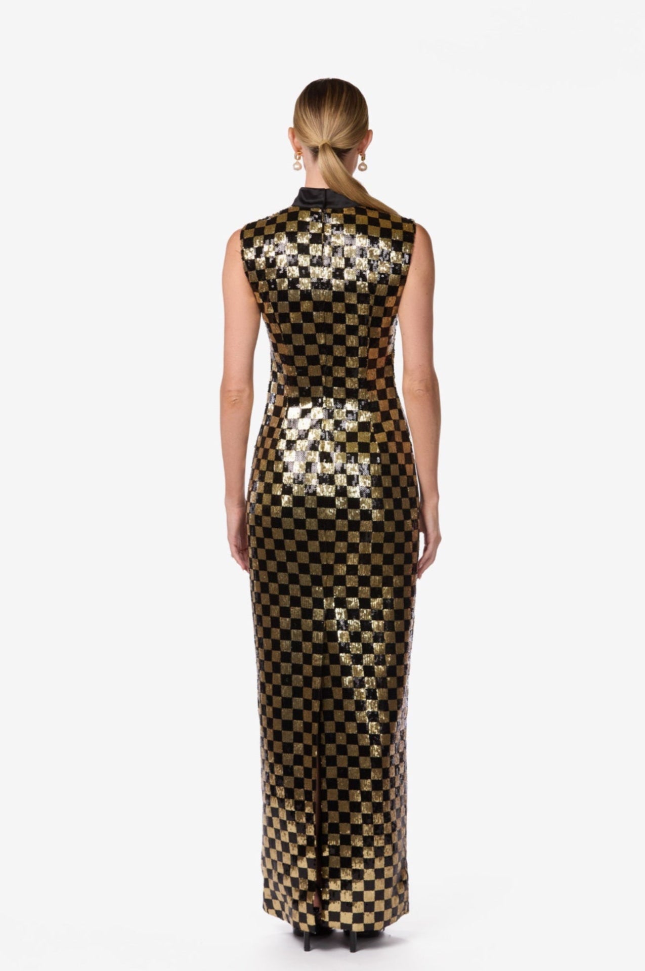 Black & Gold Sequin Checkered Column Gown