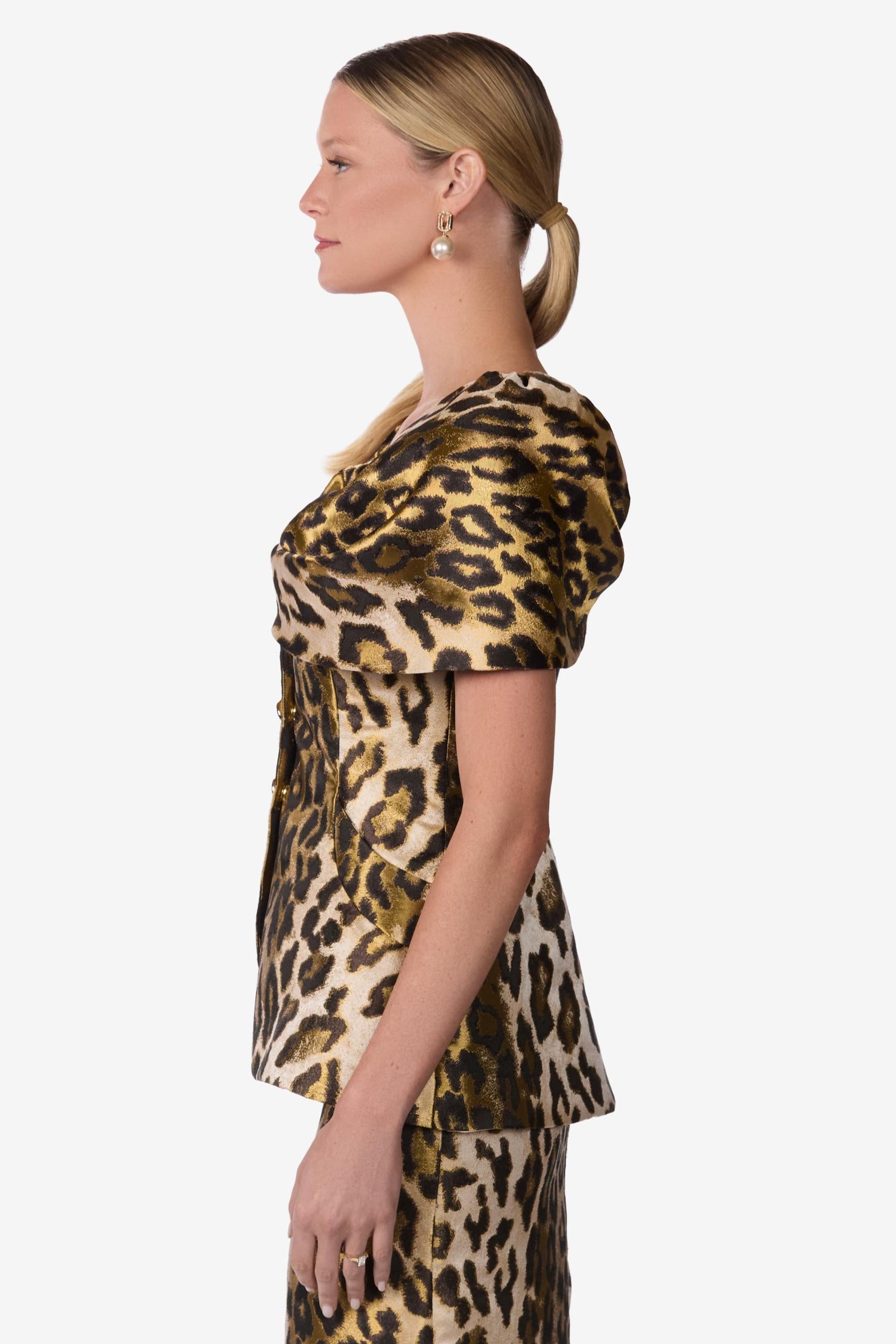 Leopard Jacquard Draped Portrait Top