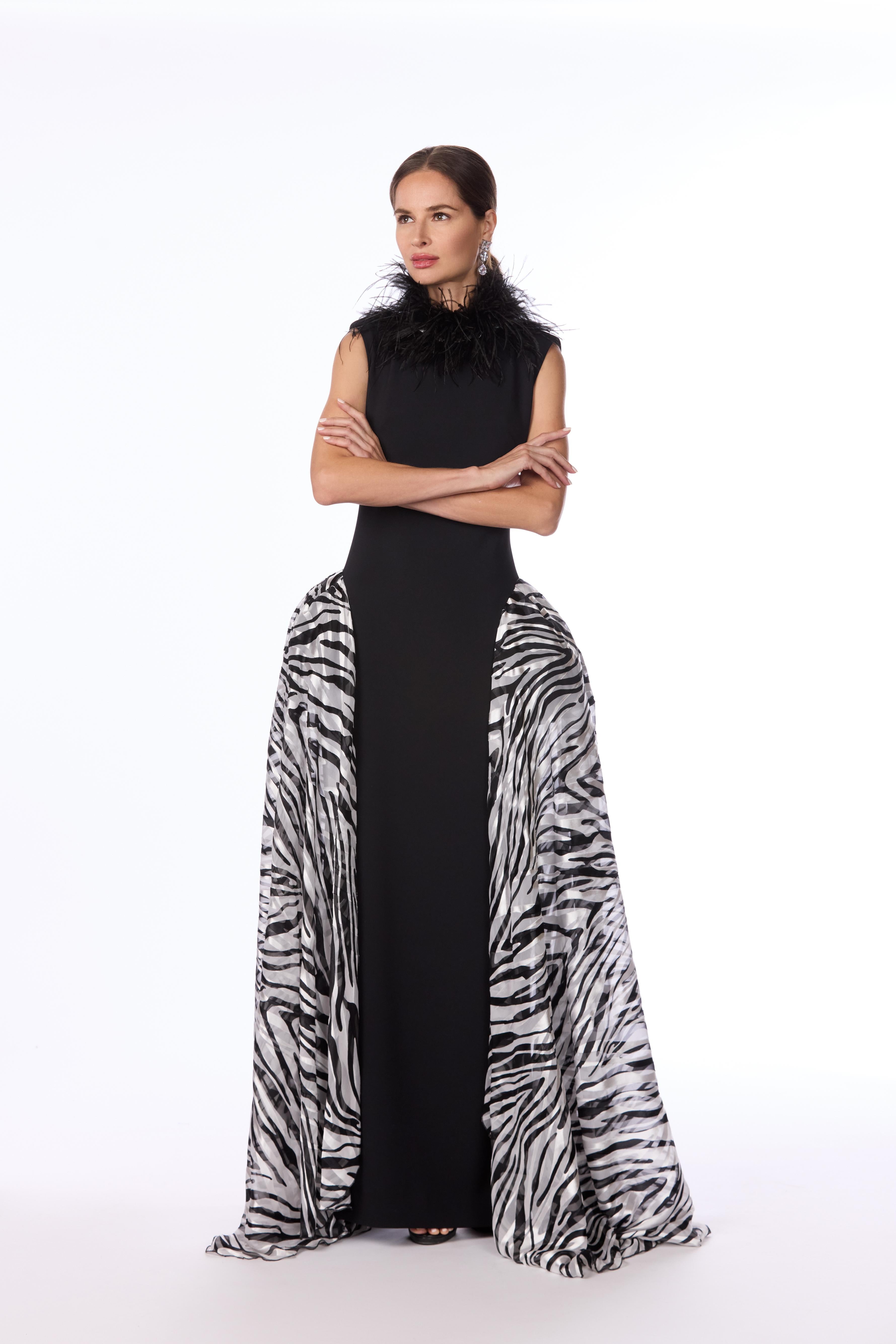 Zebra Panel Crystal Feather Gown