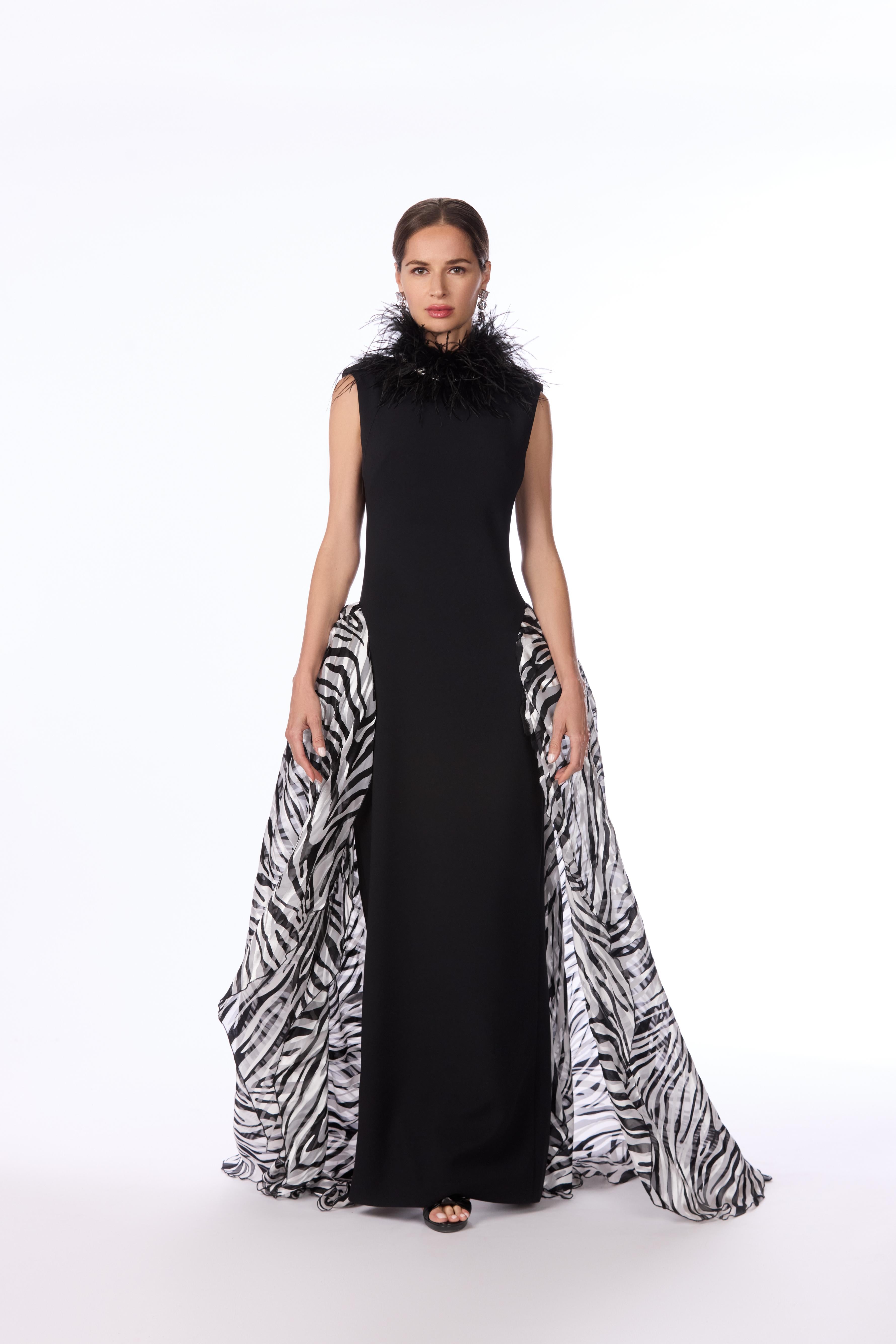 Zebra Panel Crystal Feather Gown