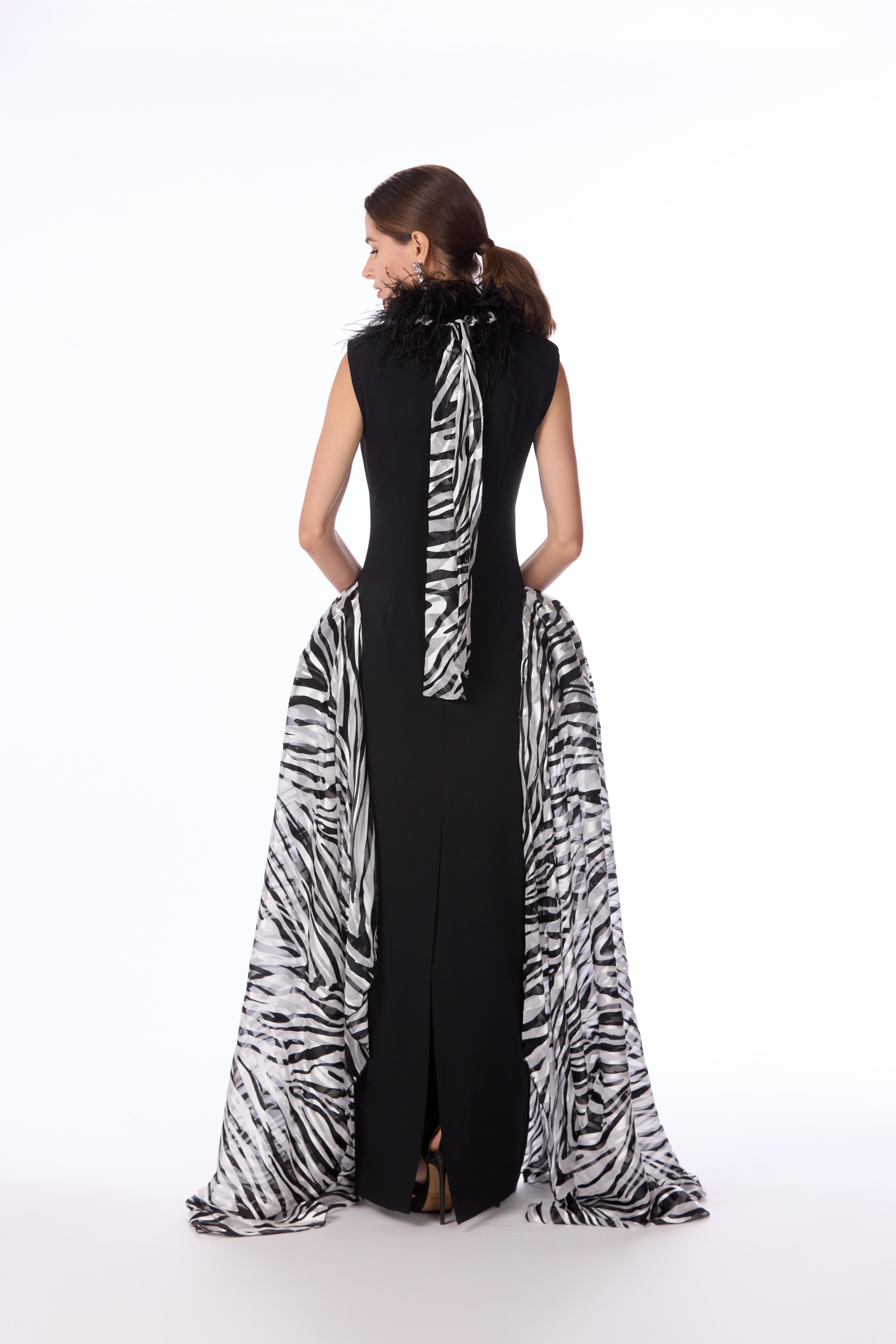 Zebra Panel Crystal Feather Gown