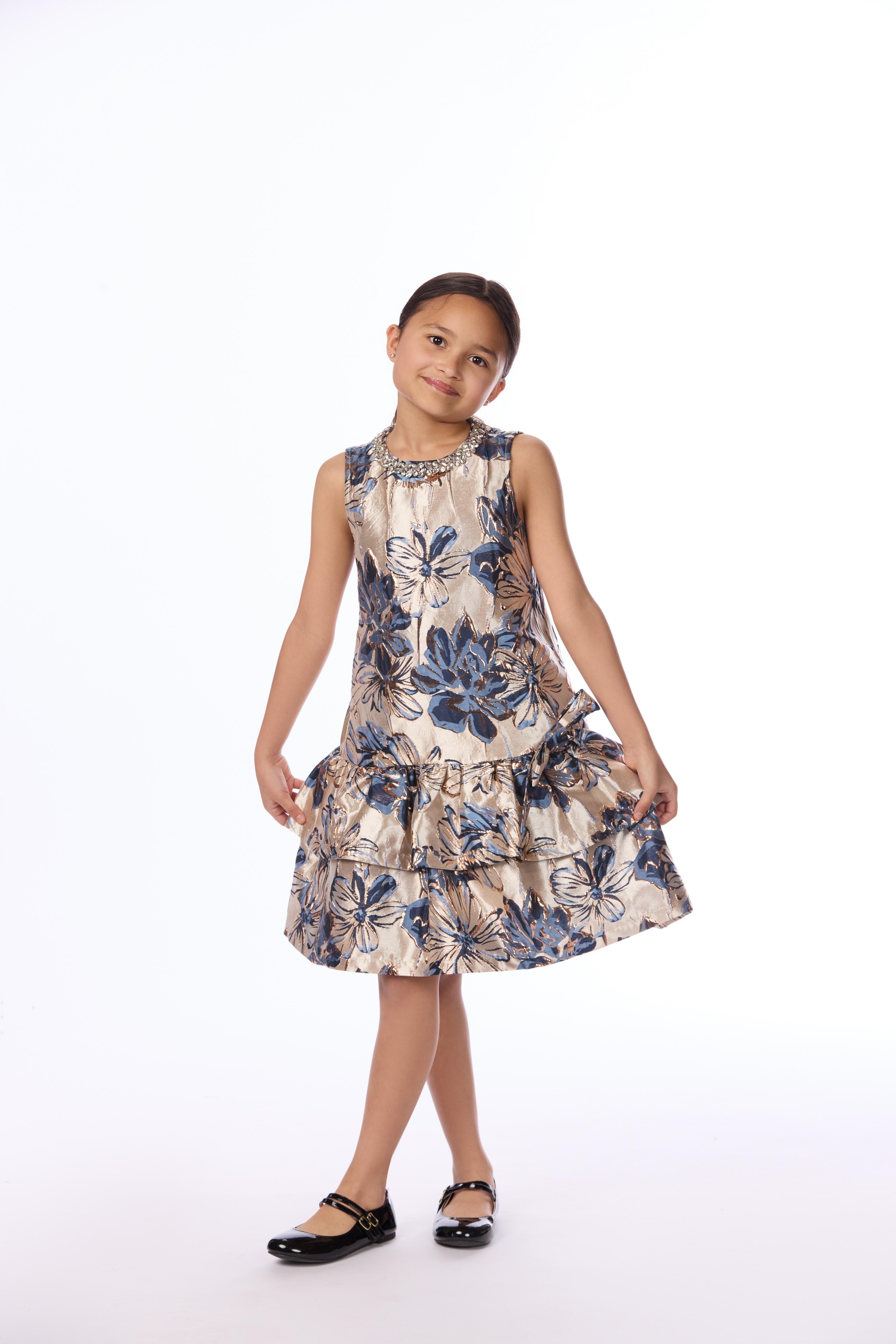 Metallic Floral Jacquard Tiered Dress
