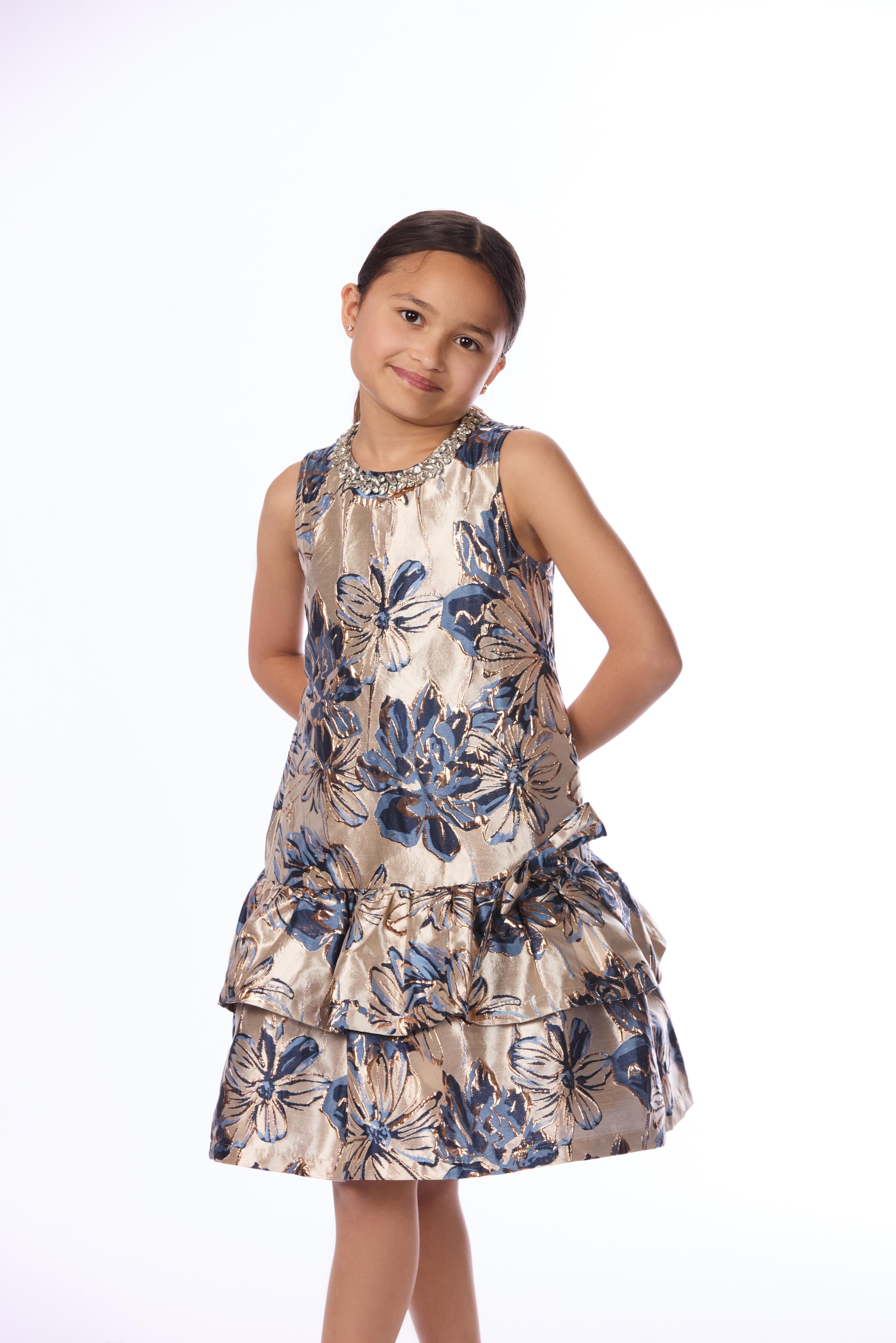 Metallic Floral Jacquard Tiered Dress