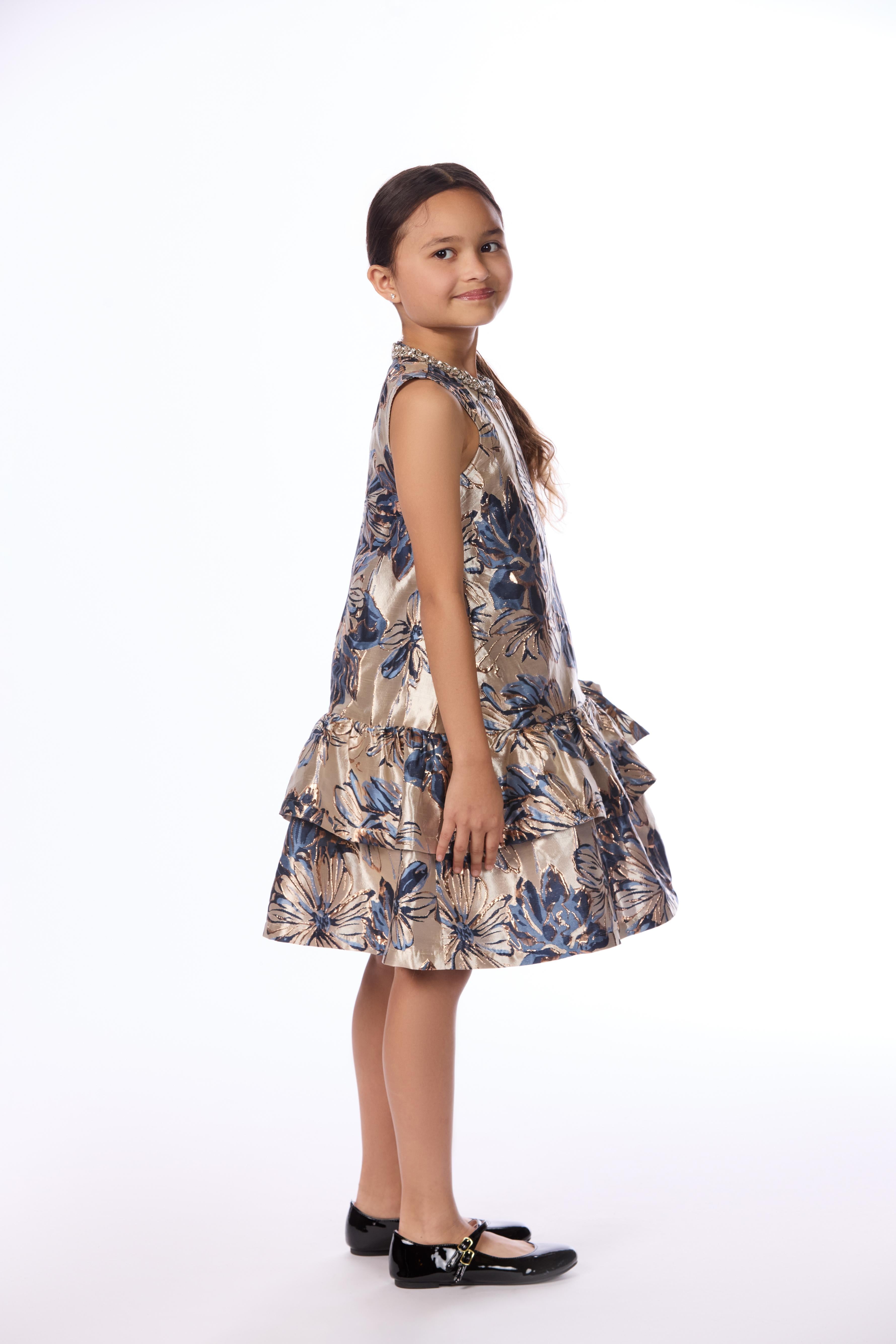 Metallic Floral Jacquard Tiered Dress