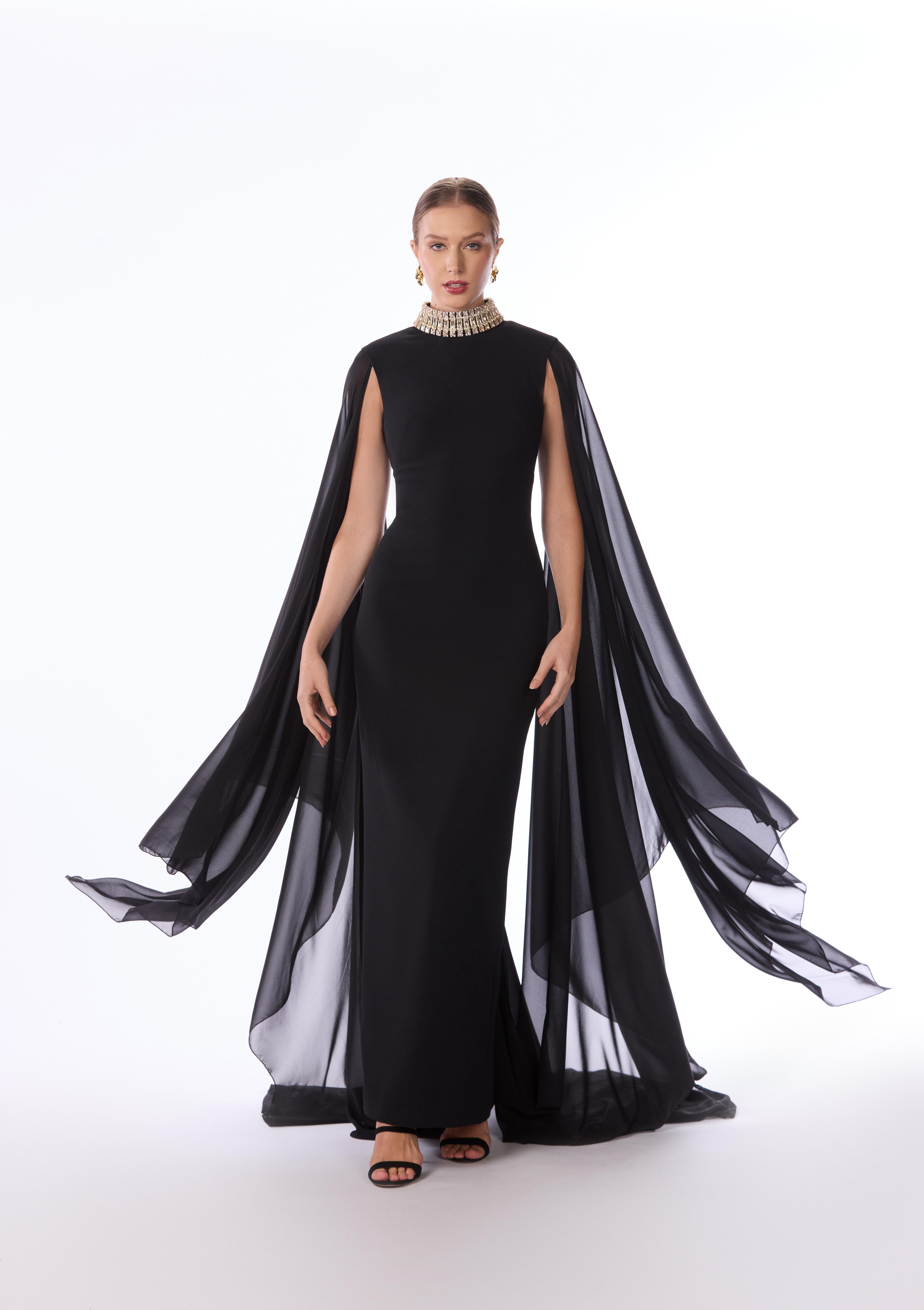 Crepe Cape Gown with Embellished Collar
