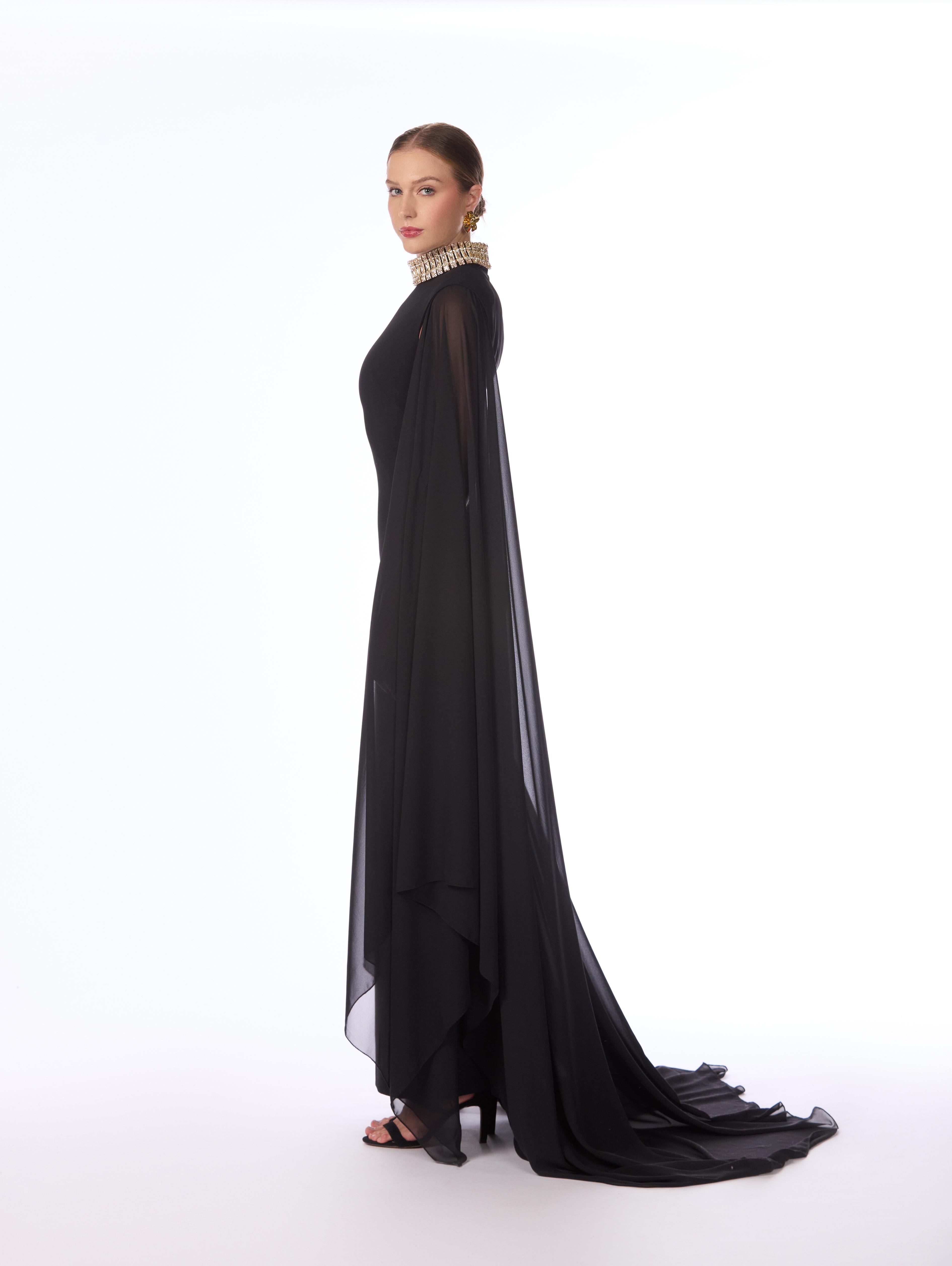 Crepe Cape Gown with Embellished Collar