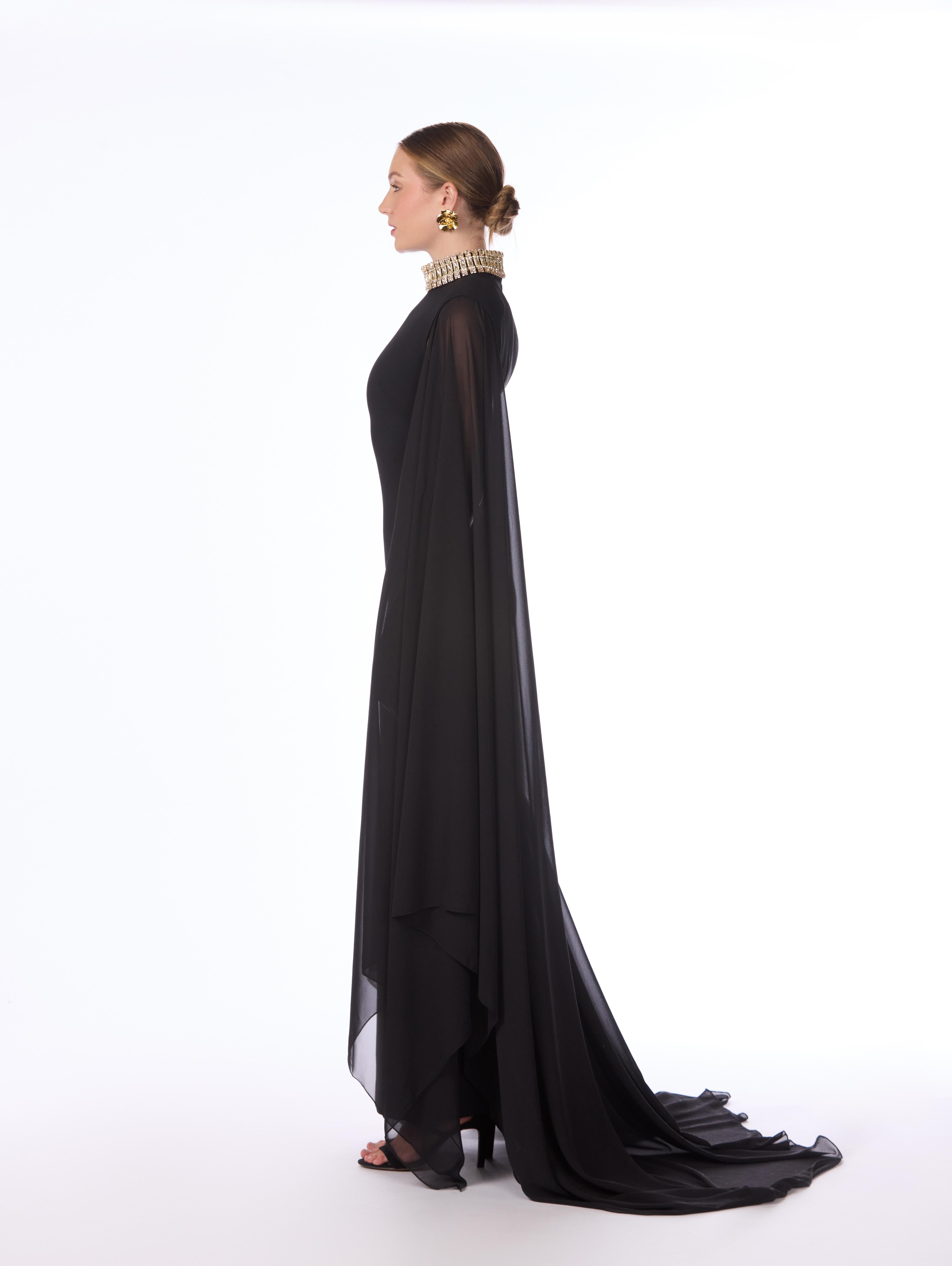 Crepe Cape Gown with Embellished Collar