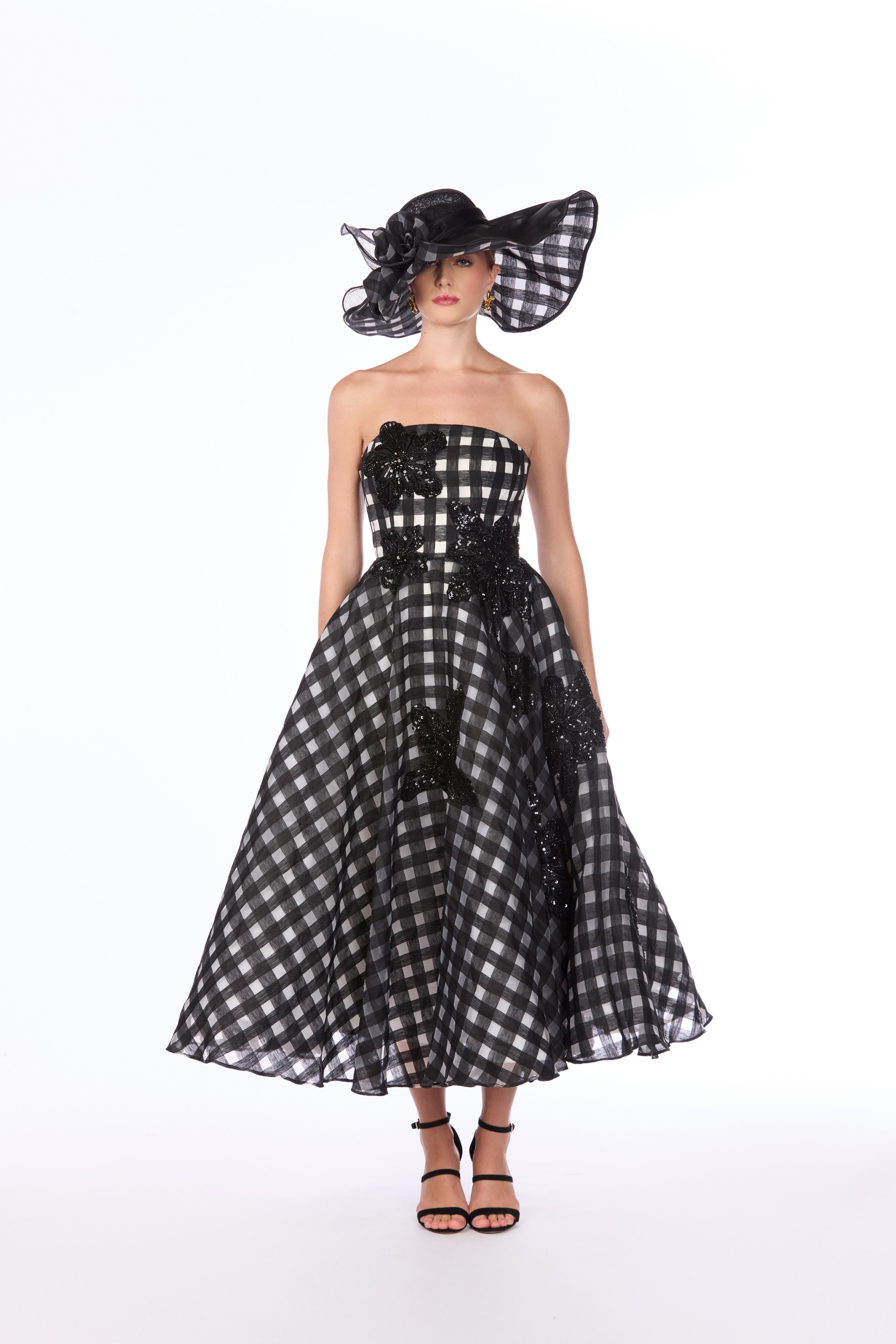 Linen Organza Windowpane Floral Embroidered Dress