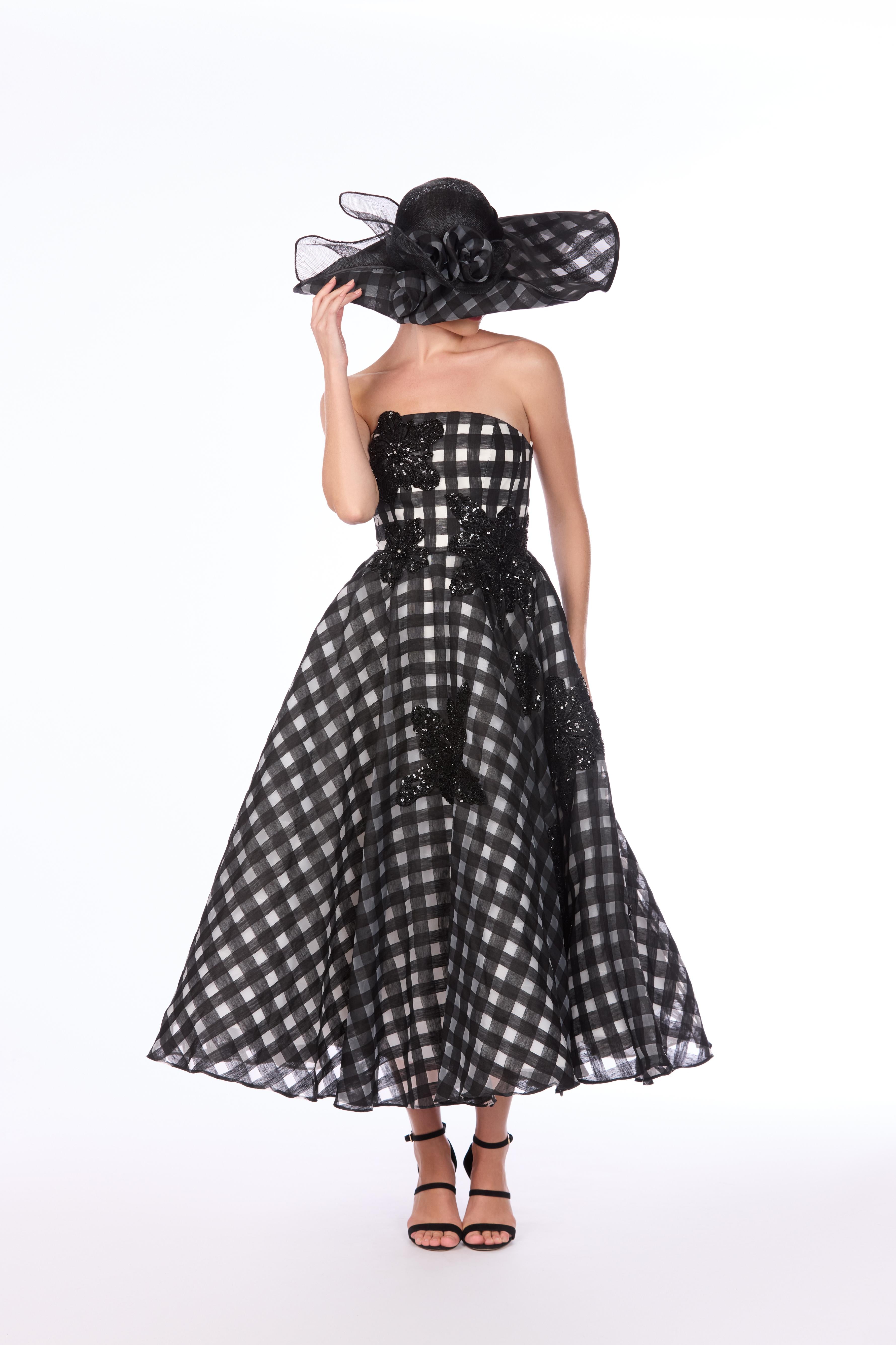 Linen Organza Windowpane Floral Embroidered Dress
