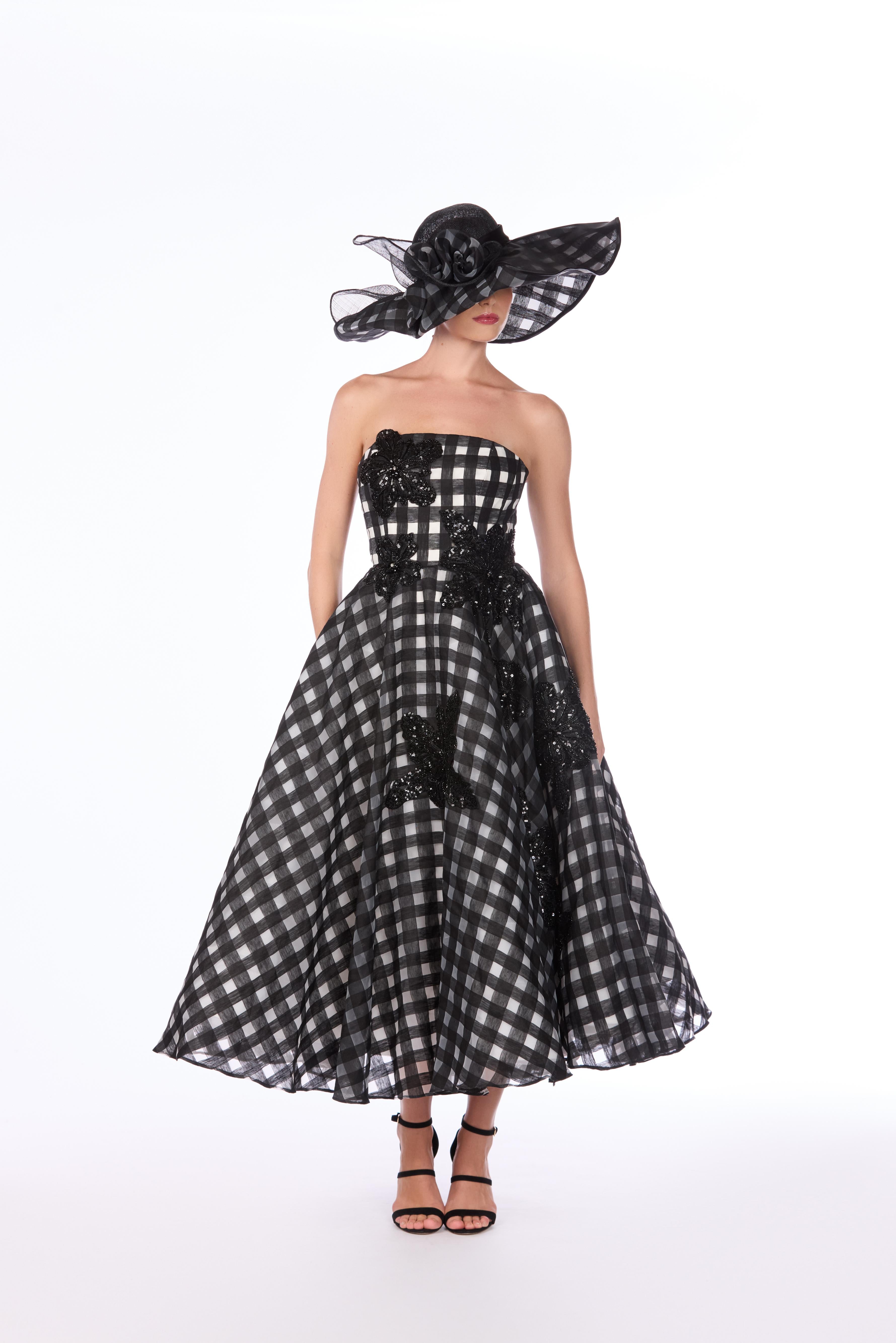 Linen Organza Windowpane Floral Embroidered Dress