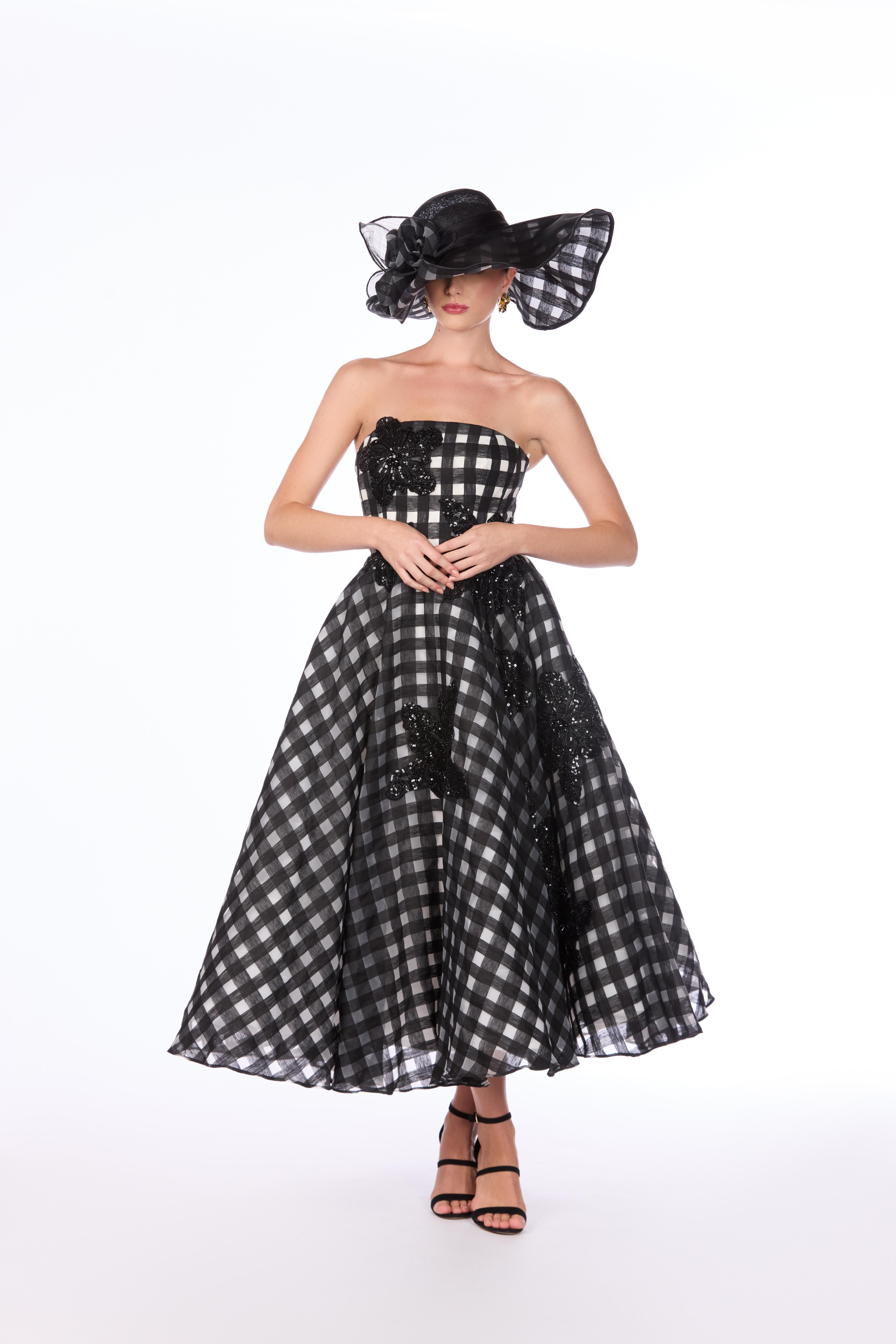Linen Organza Windowpane Floral Embroidered Dress